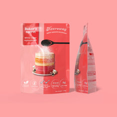 Heeroway Baker’s Secret white sugar replacement pouch packaging, featuring a cake illustration, product benefits icons, and text highlighting zero calories, zero sugar, and gluten-free for product page.