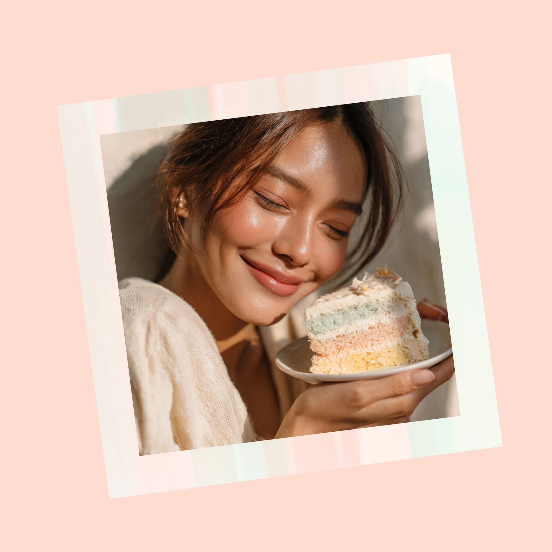 Smiling woman holding a pastel rainbow cake slice, optimized for desktop view.