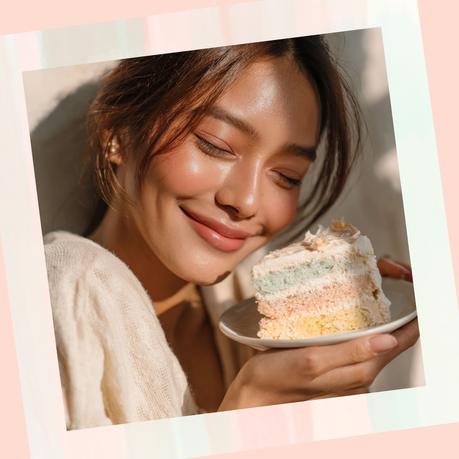 Smiling woman enjoying a pastel rainbow cake slice, optimized for mobile view.