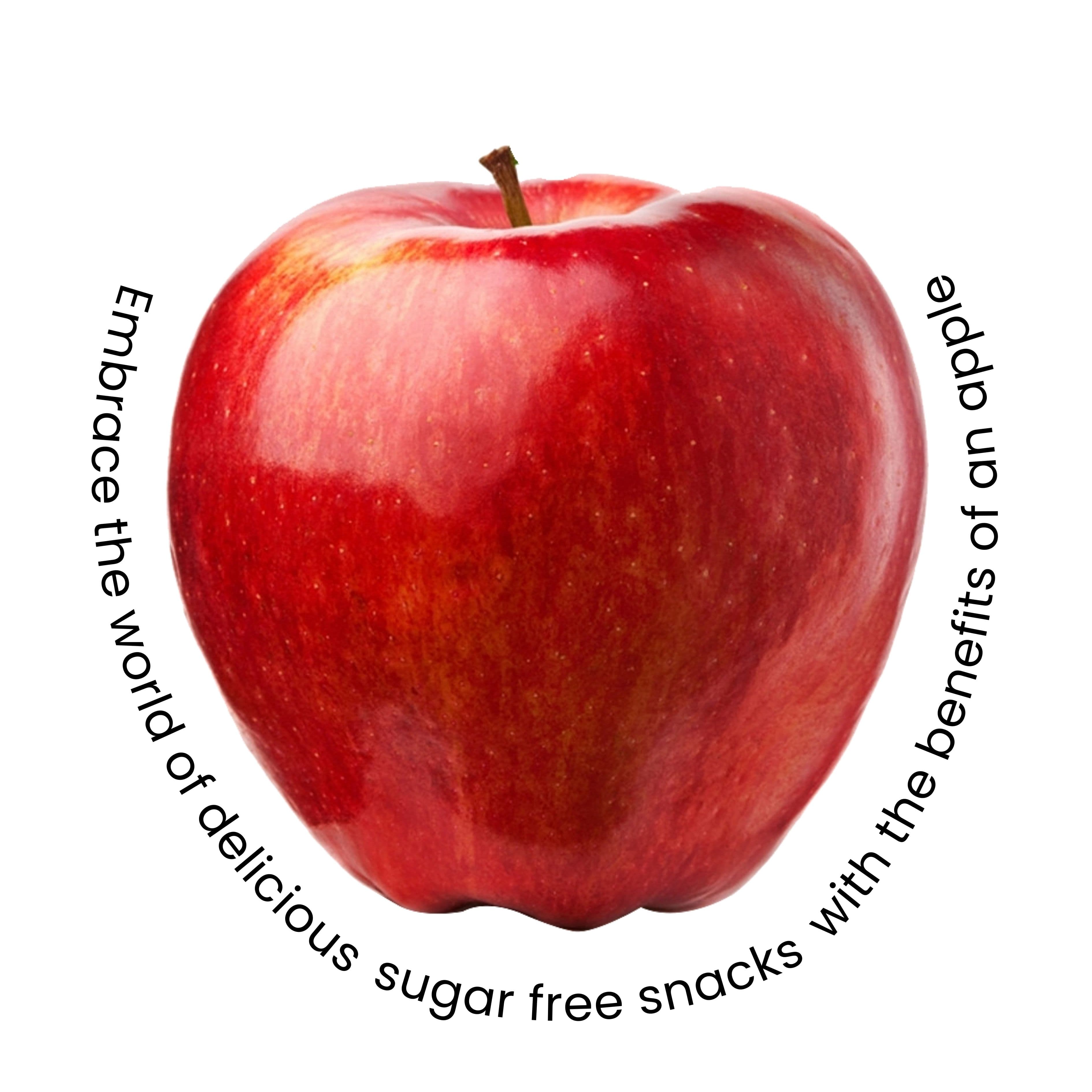 red apple with text embrace the world of delicious sugar free snacks with the benefits of an apple