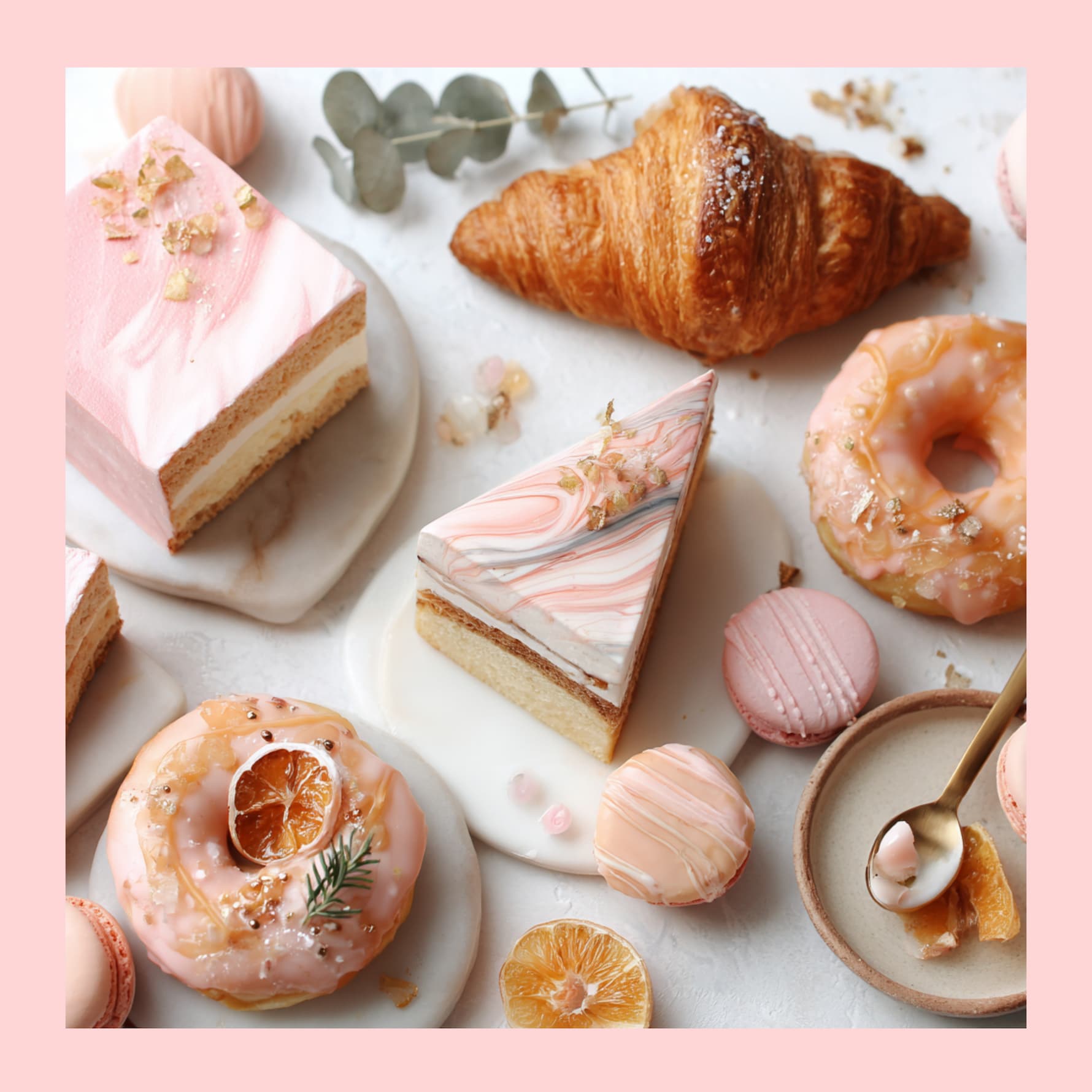 Flat lay of croissant, marble cake slices, donuts, and pastel macarons styled on pink background for Baker’s Secret About Us page