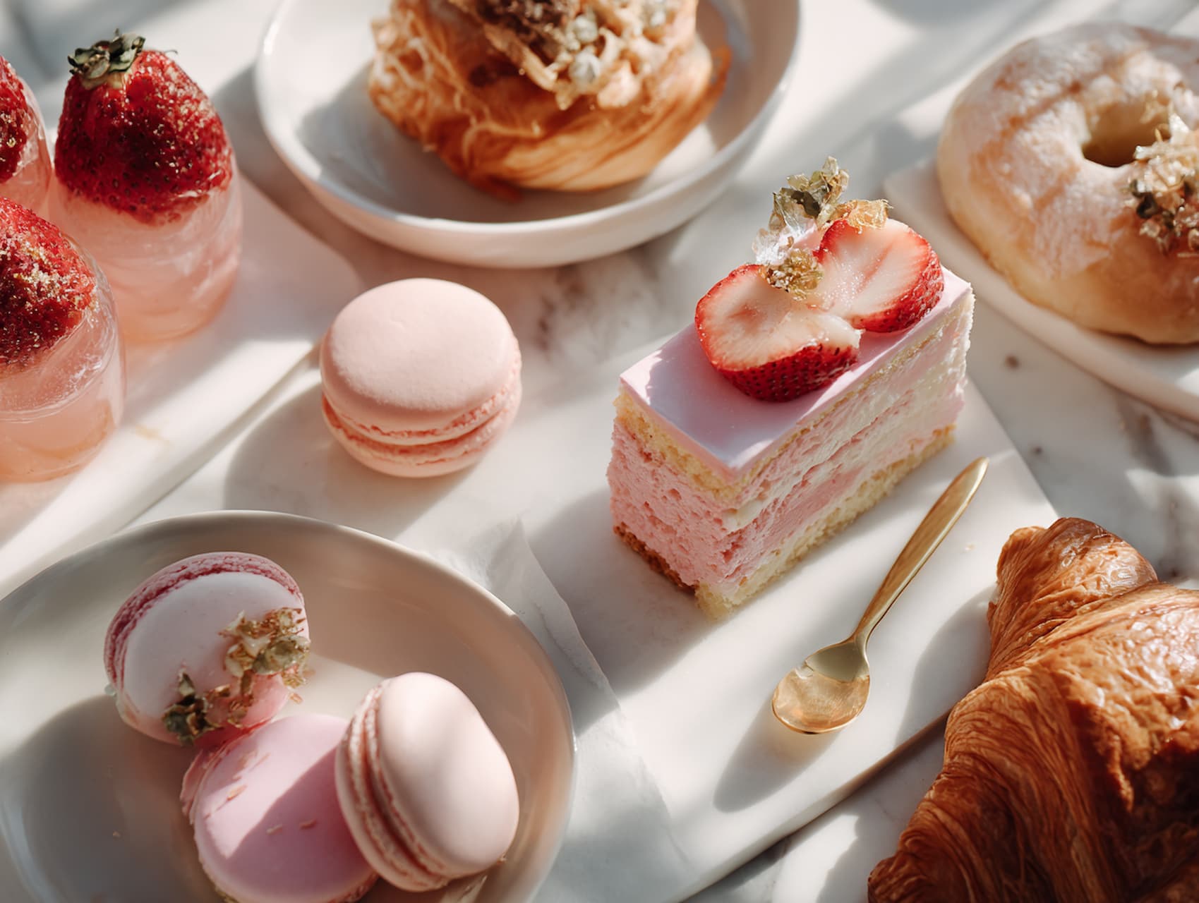 Flat lay of pastel pastries, strawberry cake, croissant, and macarons for Baker’s Secret About us page