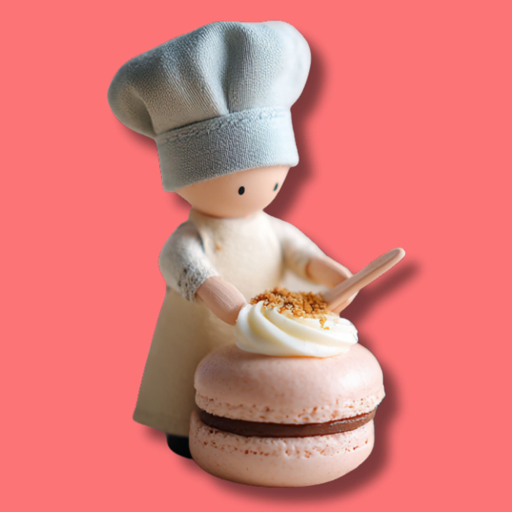 baker’s secret doll decorating macaron with cream symbolizing sugar free dessert making