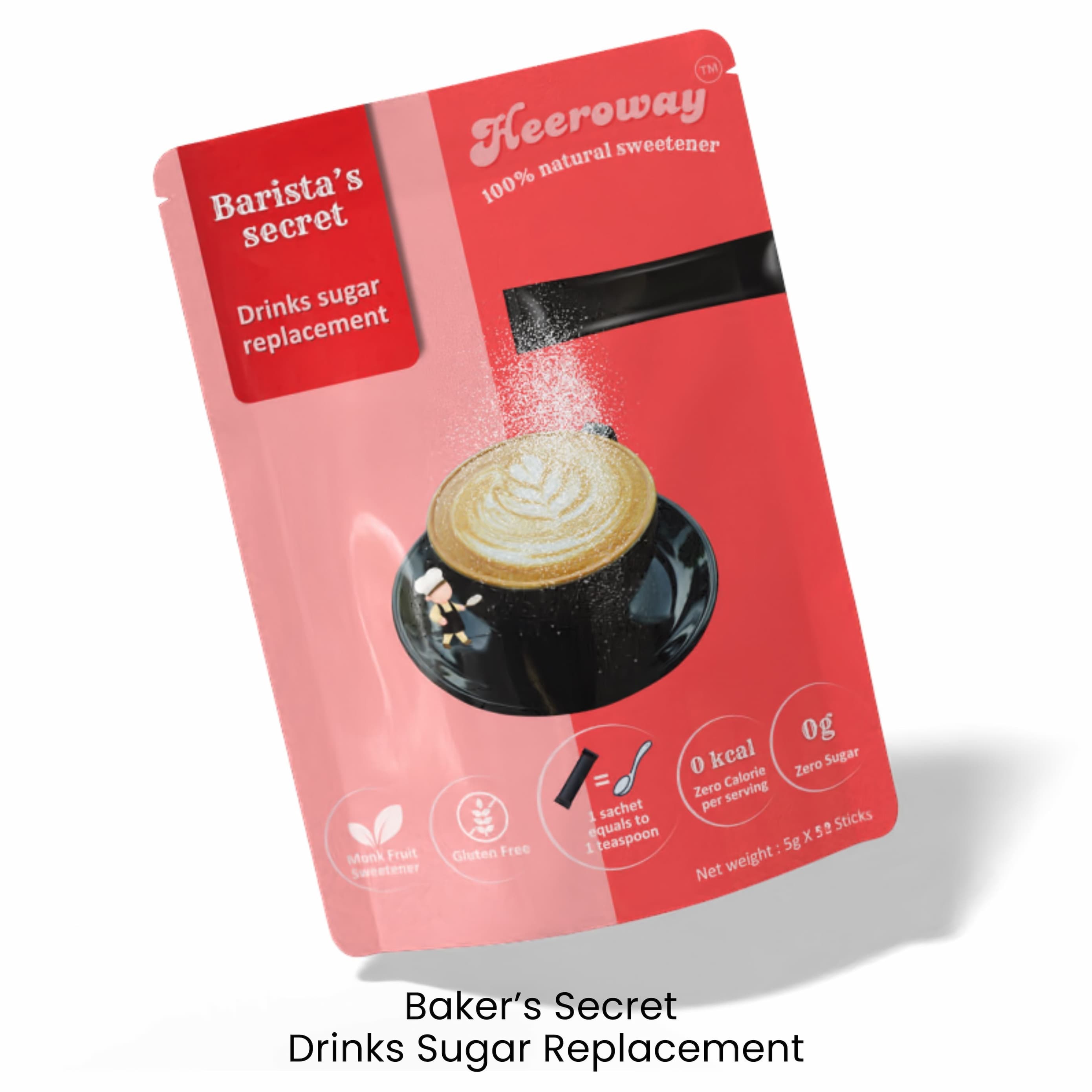 Heeroway Baker’s Secret drinks sugar replacement pouch with pancakes illustration, highlighting zero calorie and gluten-free benefits.