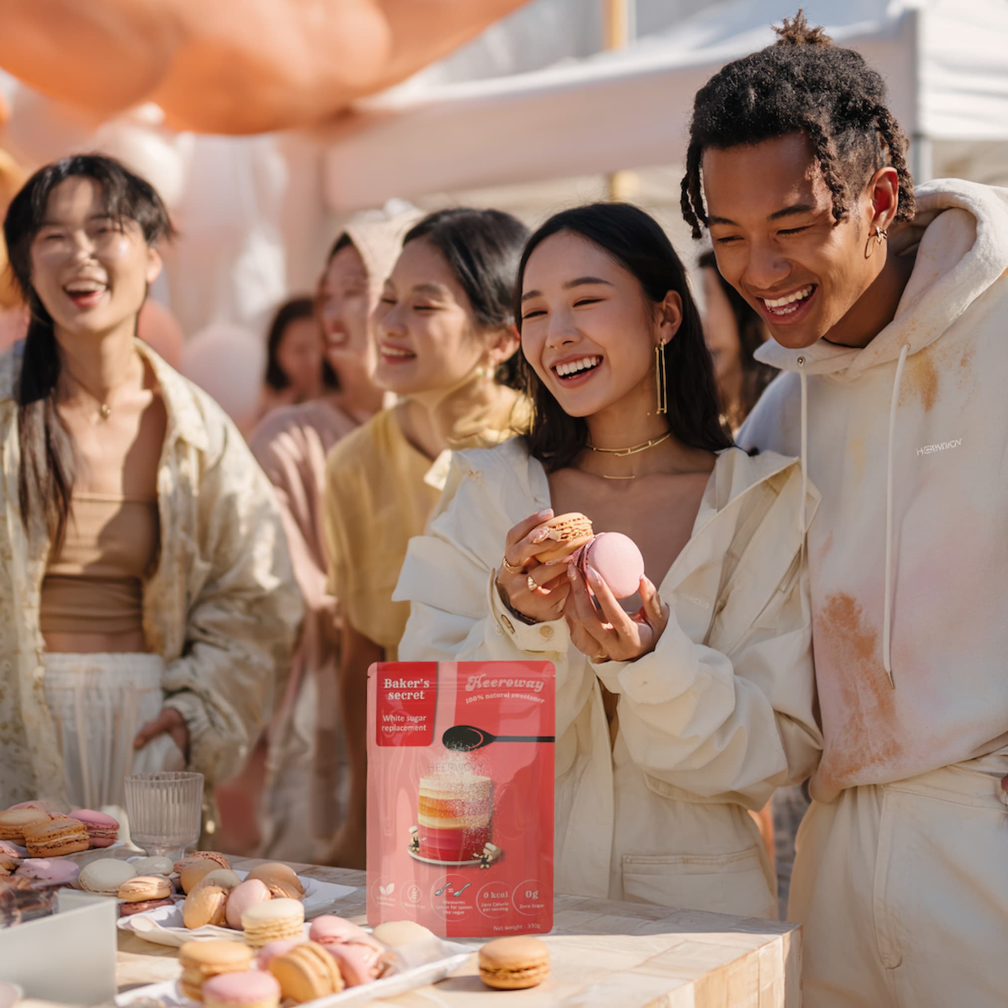 A group of young friends enjoying colorful macarons at a party, with Baker’s Secret White Sugar Replacement pouch on the dessert table, highlighting its role in sugar-free baking.