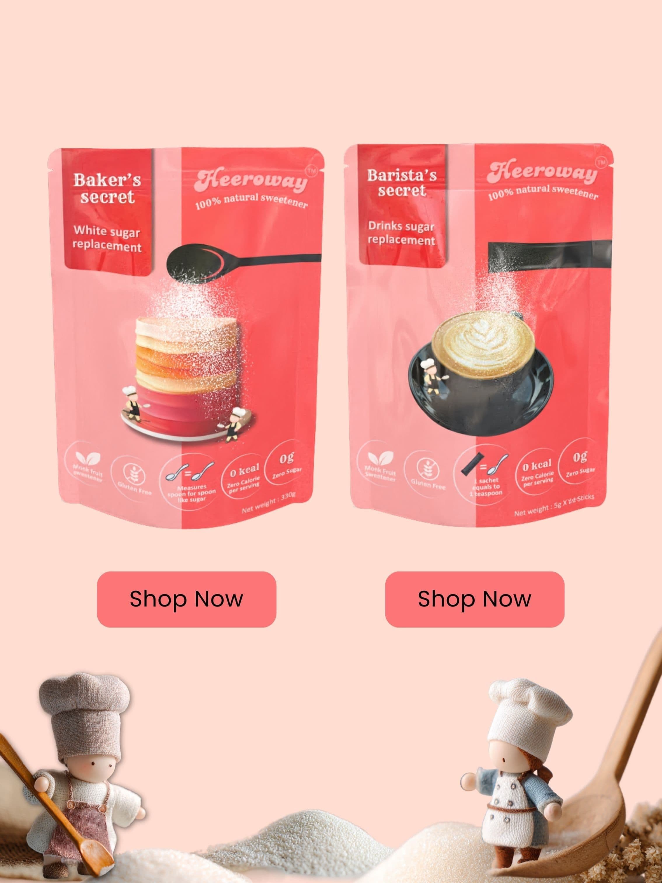 baker’s secret and barista’s secret sugar replacement packaging lineup including brown sugar, white sugar, drinks sugar, and icing sugar with shop now buttons and mini baker figures for mobile version.