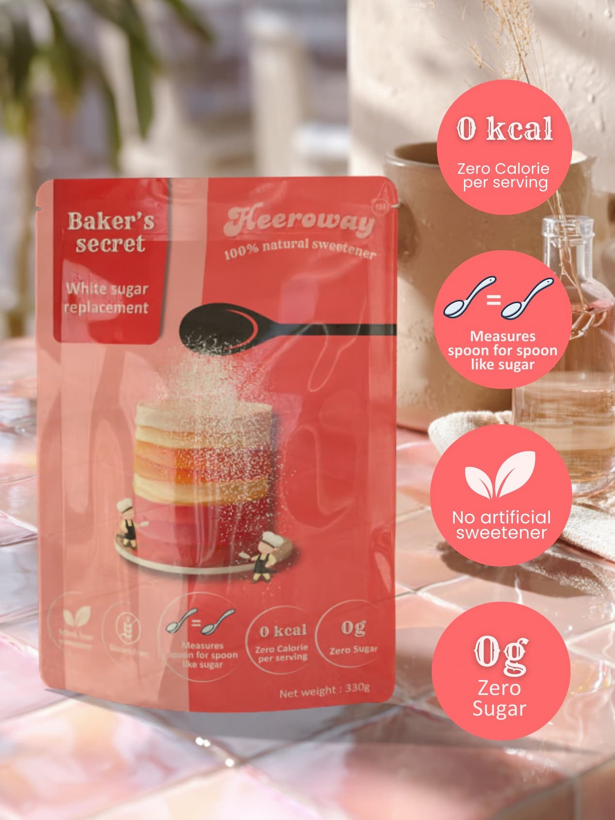 Close-up of Heeroway Baker’s Secret sugar replacement pouch with highlighted benefits including zero sugar, no artificial sweeteners, and spoon-for-spoon usage.