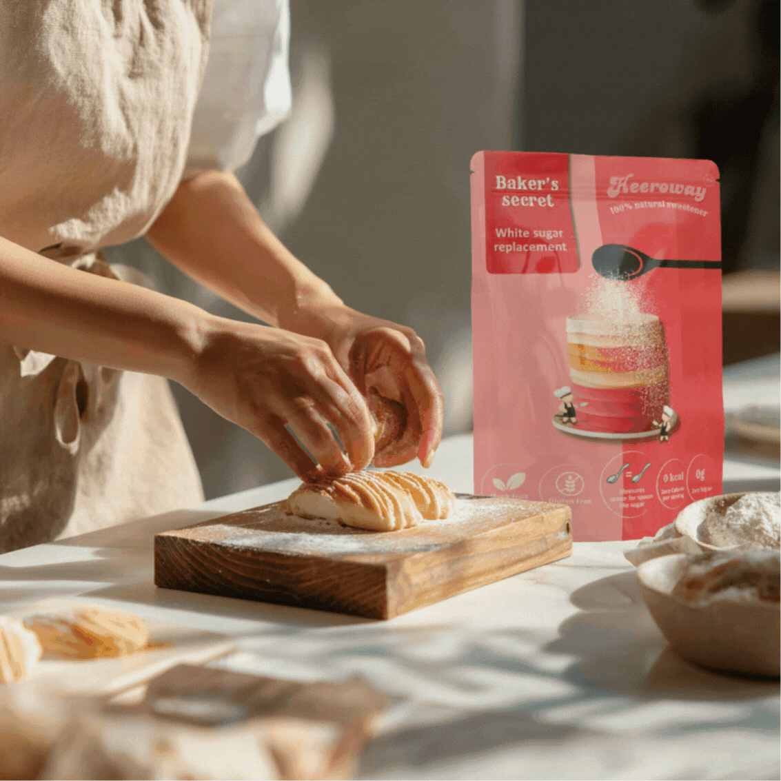 baker preparing pastry with baker’s secret white sugar replacement packaging on table sprinkled with heeroway bakers secret
