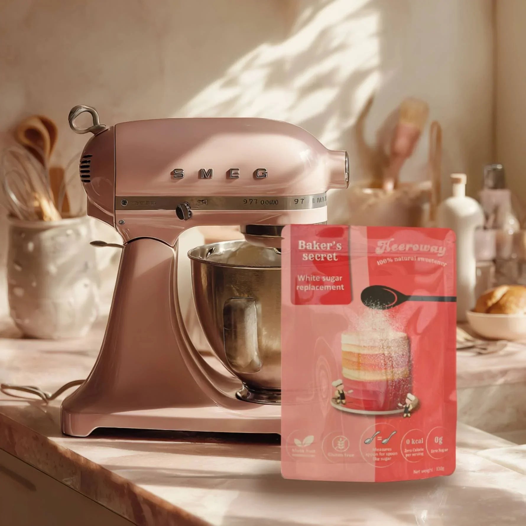 Heeroway Baker's Secret white sugar replacement pouch placed in front of a pink SMEG stand mixer on a kitchen counter for product page.