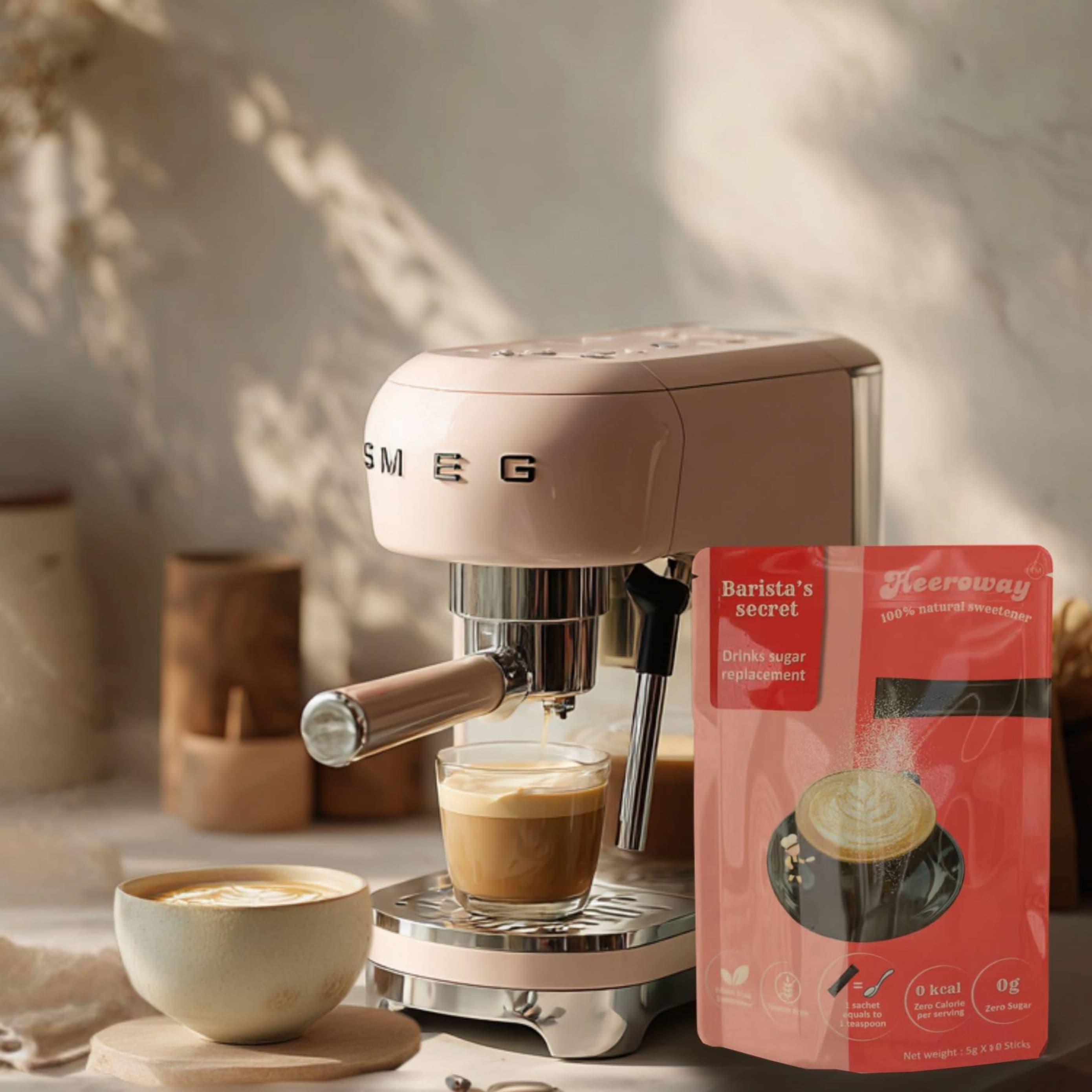 Barista’s Secret drinks sugar replacement pouch placed beside a pastel SMEG espresso machine brewing fresh coffee with a latte cup on the counter for bakers secret white sugar replacement page.