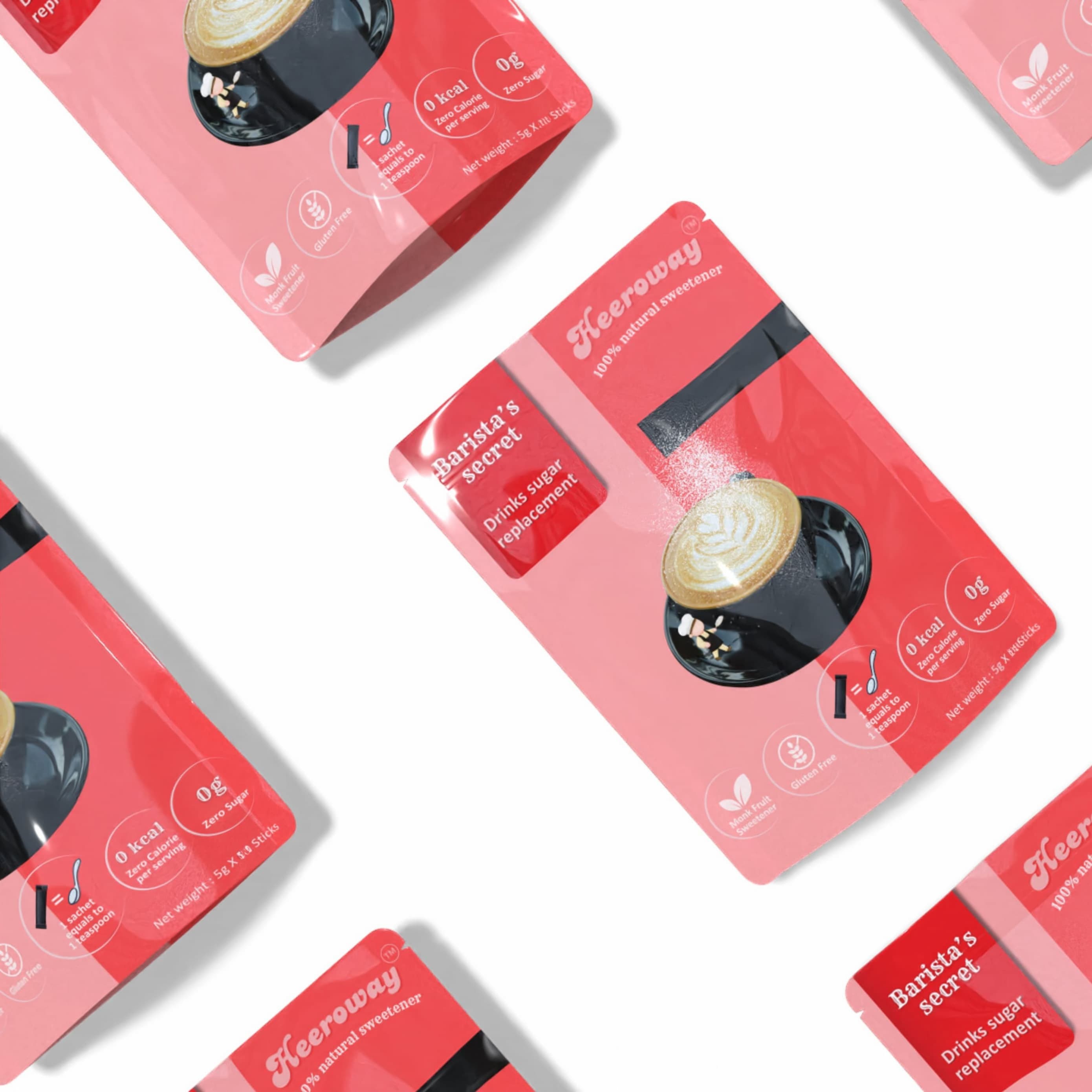 Flat lay arrangement of Barista’s Secret drinks sugar replacement packaging in a repeating grid pattern on a white background.