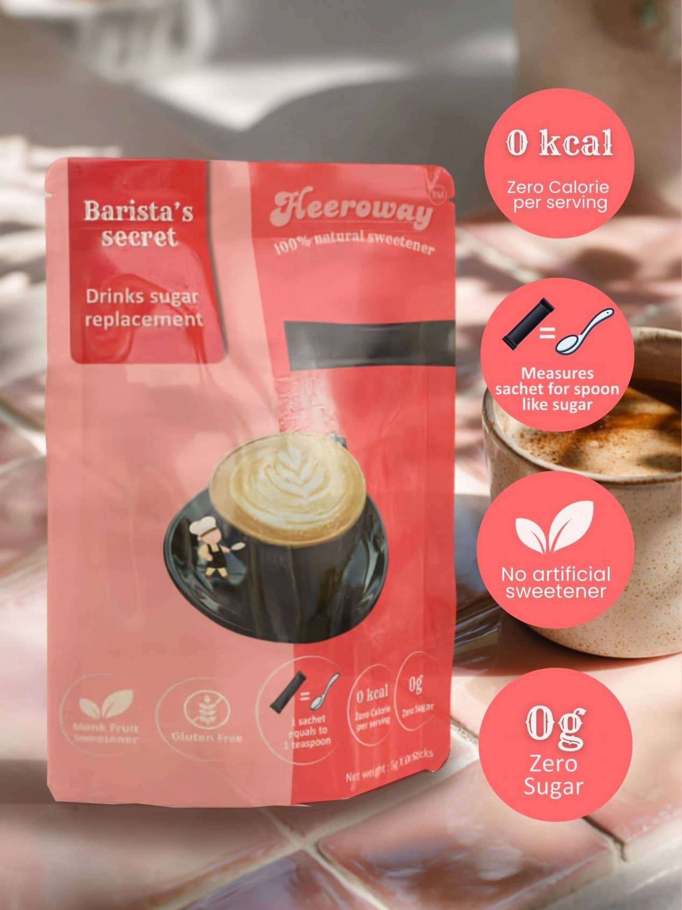 Barista’s Secret sweetener pouch placed beside a cup of coffee, emphasizing zero calorie and natural sweetener benefits.
