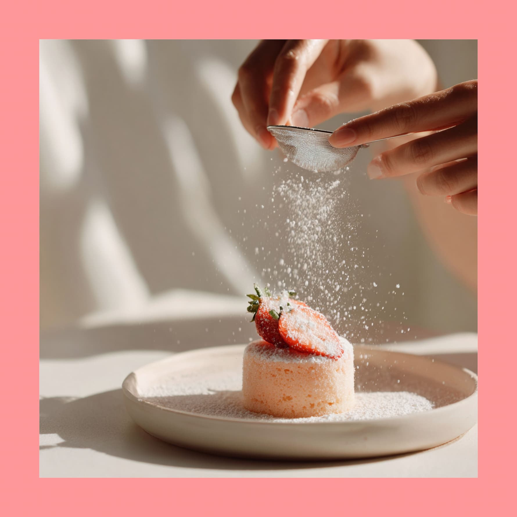 close-up of hands sifting sweetener onto a small strawberry-topped cake on a ceramic plate