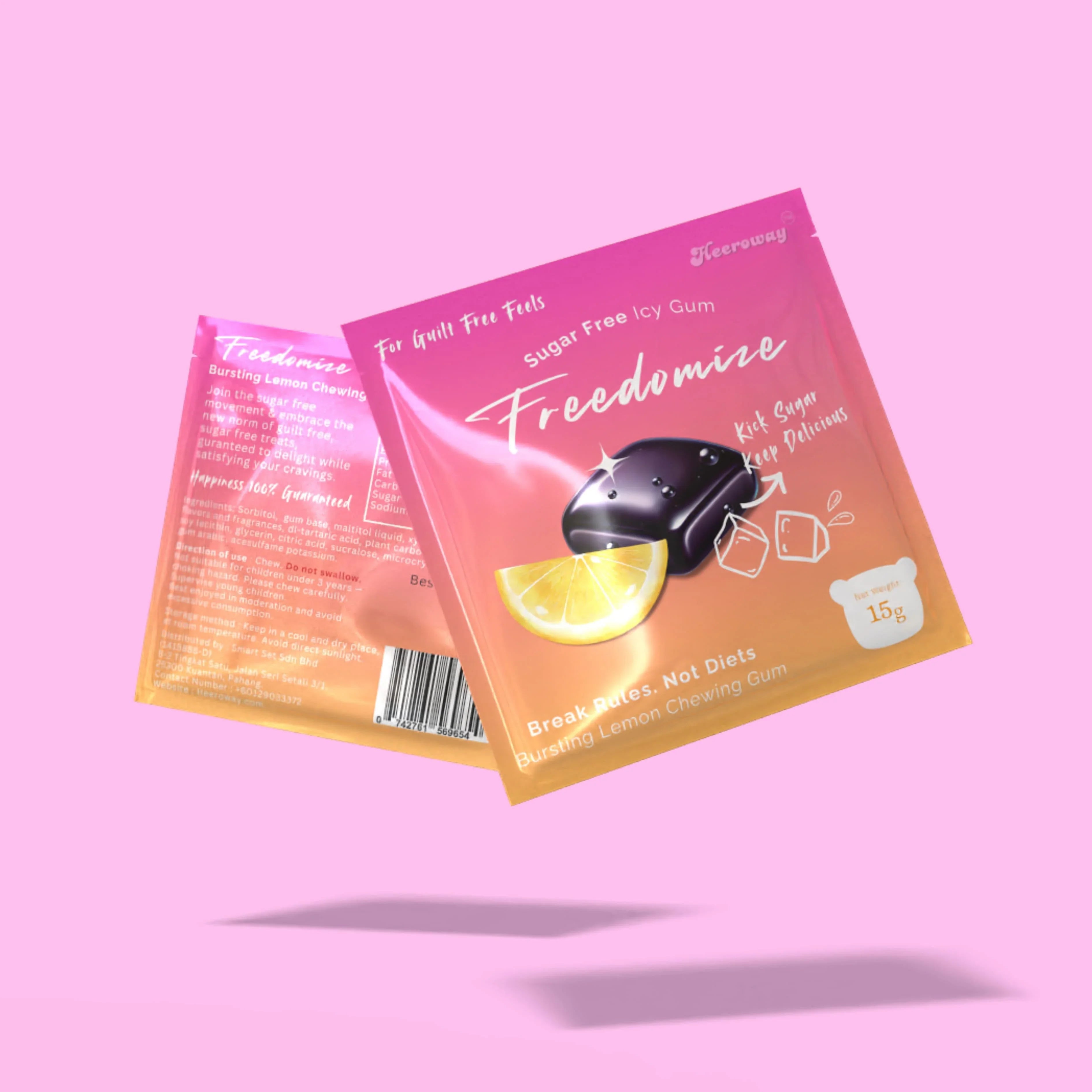 Floating Freedomize bursting lemon Sugar Free Icy Gum pouches on a pink background showing both front and back packaging.