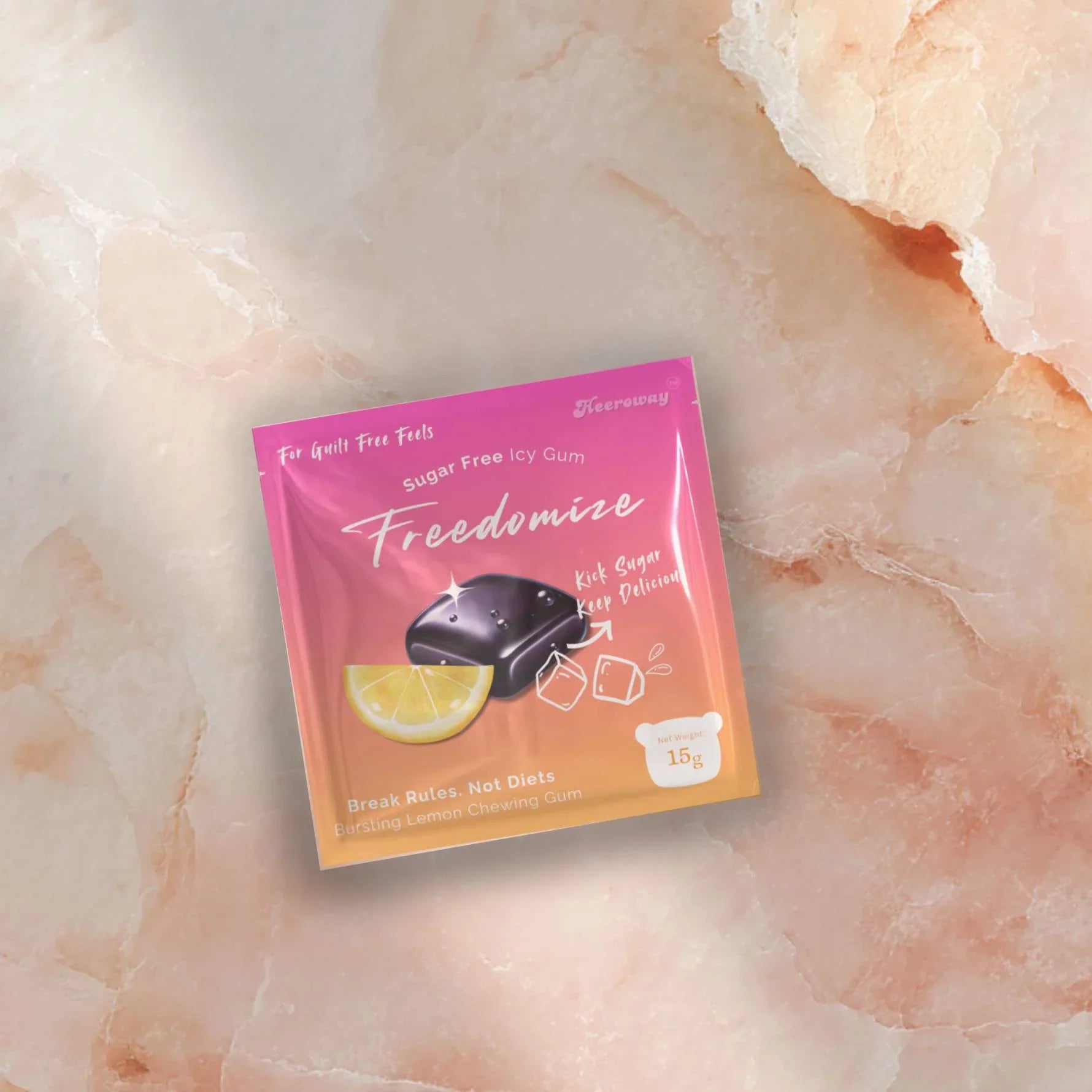 Floating Freedomize bursting lemon Sugar Free Icy Gum pouches on a pink background showing both front and back packaging.