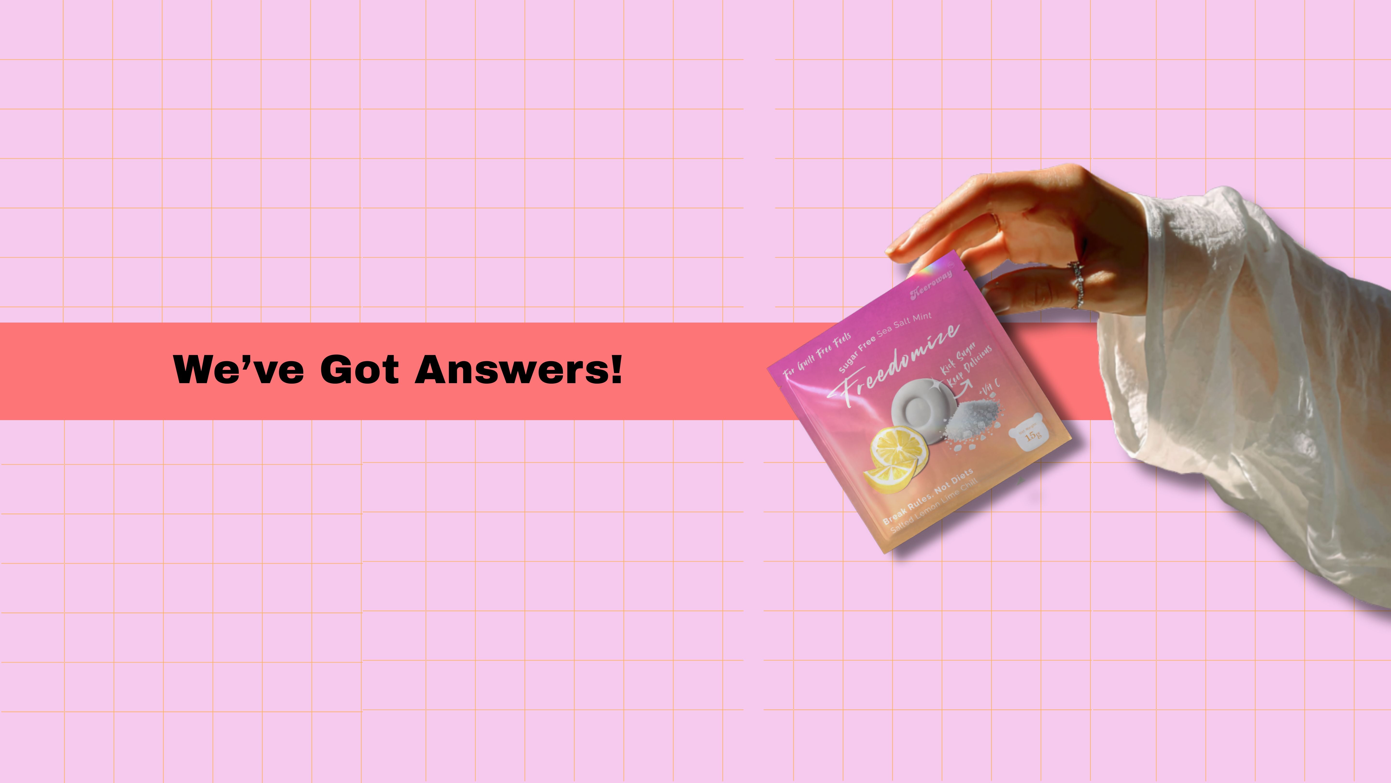 Freedomize sugar free sea salt mint FAQ banner with hand holding pink packaging