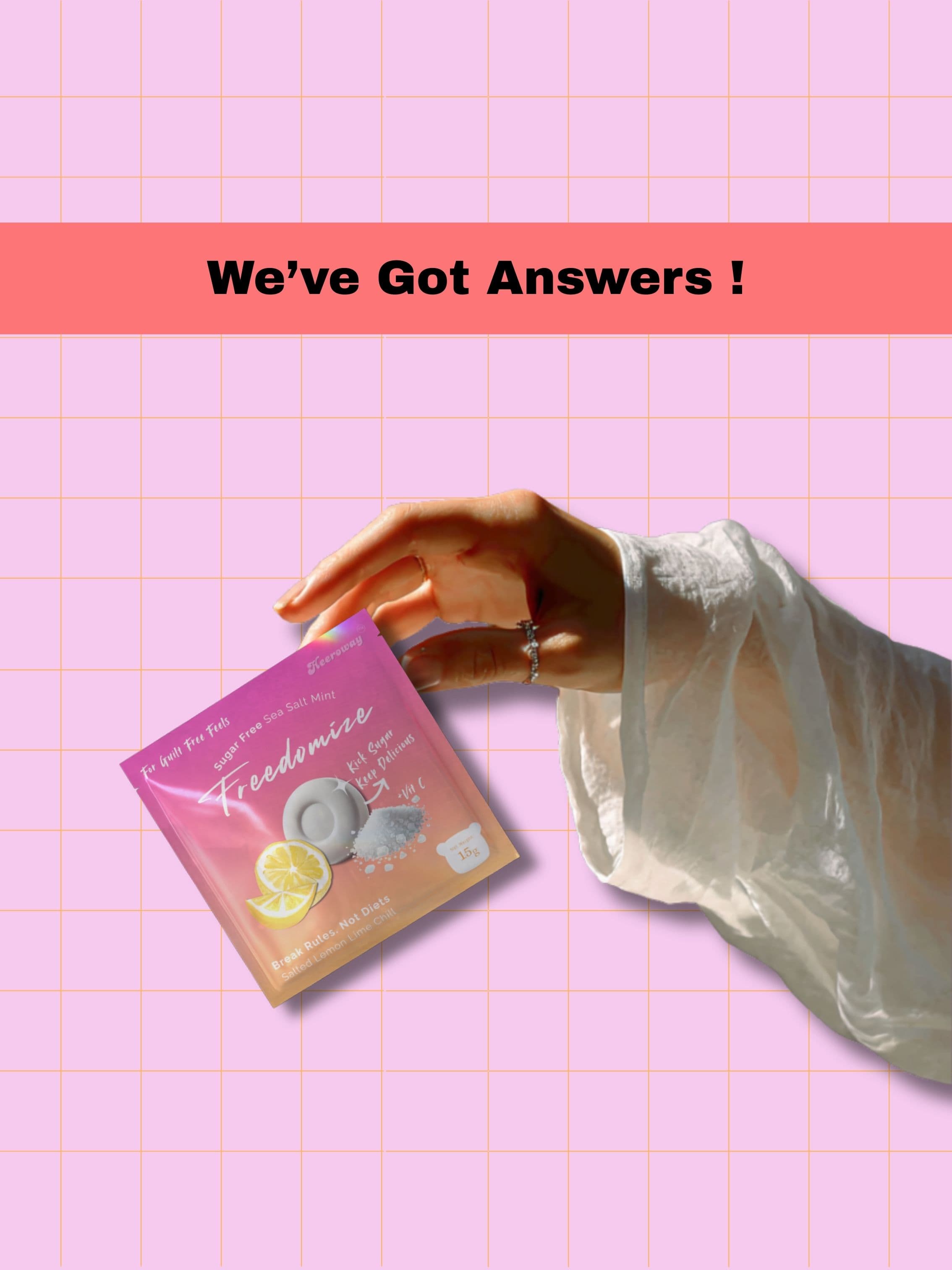 Freedomize sugar free sea salt mint FAQ banner mobile version with hand holding pink snack packaging