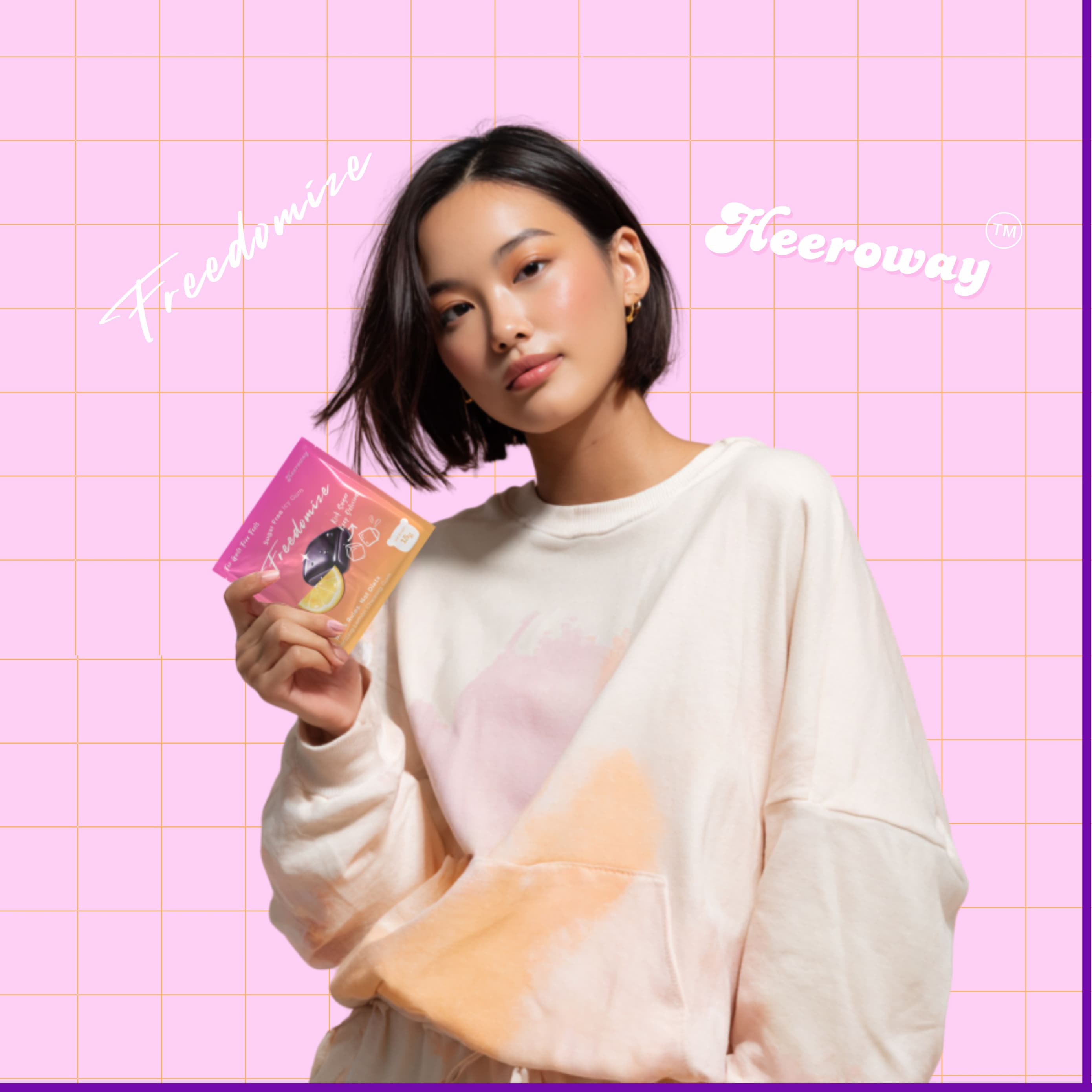 Model holding Freedomize Frosted Peppermint Sugar Free Icy Gum pouch against a pink grid background with Heeroway branding.