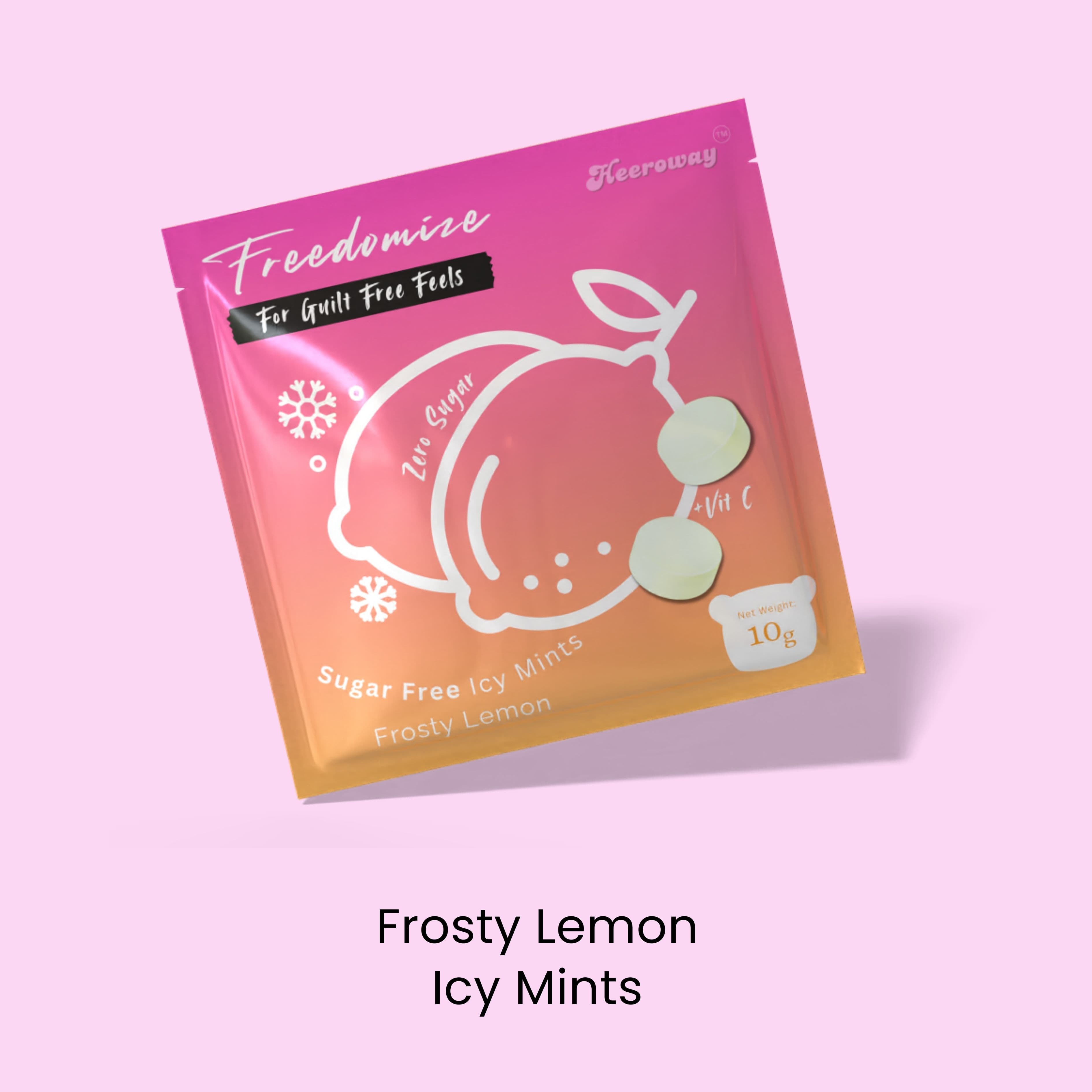 Freedomize Frosty Lemon Sugar Free Icy Mints pouch with cool lemon flavor.