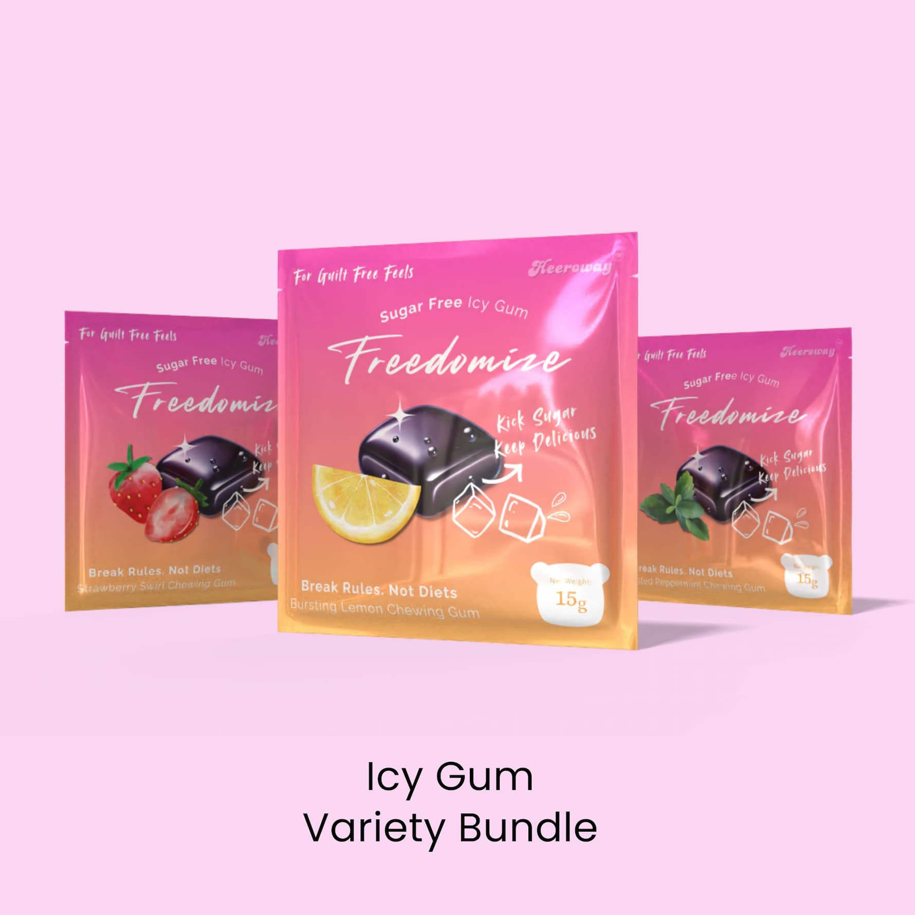 Freedomize Icy Gum Variety Bundle – assorted sugar free chewing gums in strawberry, lemon, and peppermint flavors.
