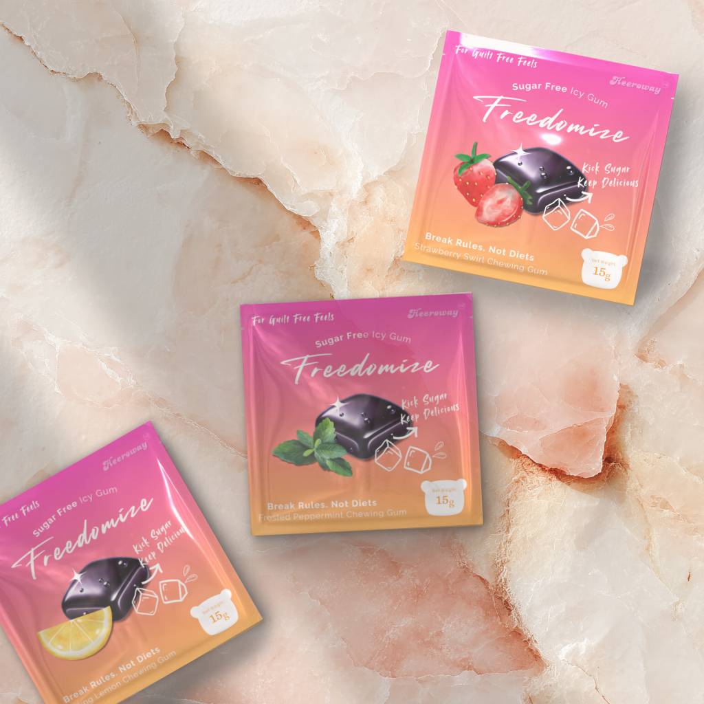 Freedomize sugar free icy gum variety pack featuring Strawberry Swirl, Frosted Peppermint, and Bursting Lemon chewing gum
