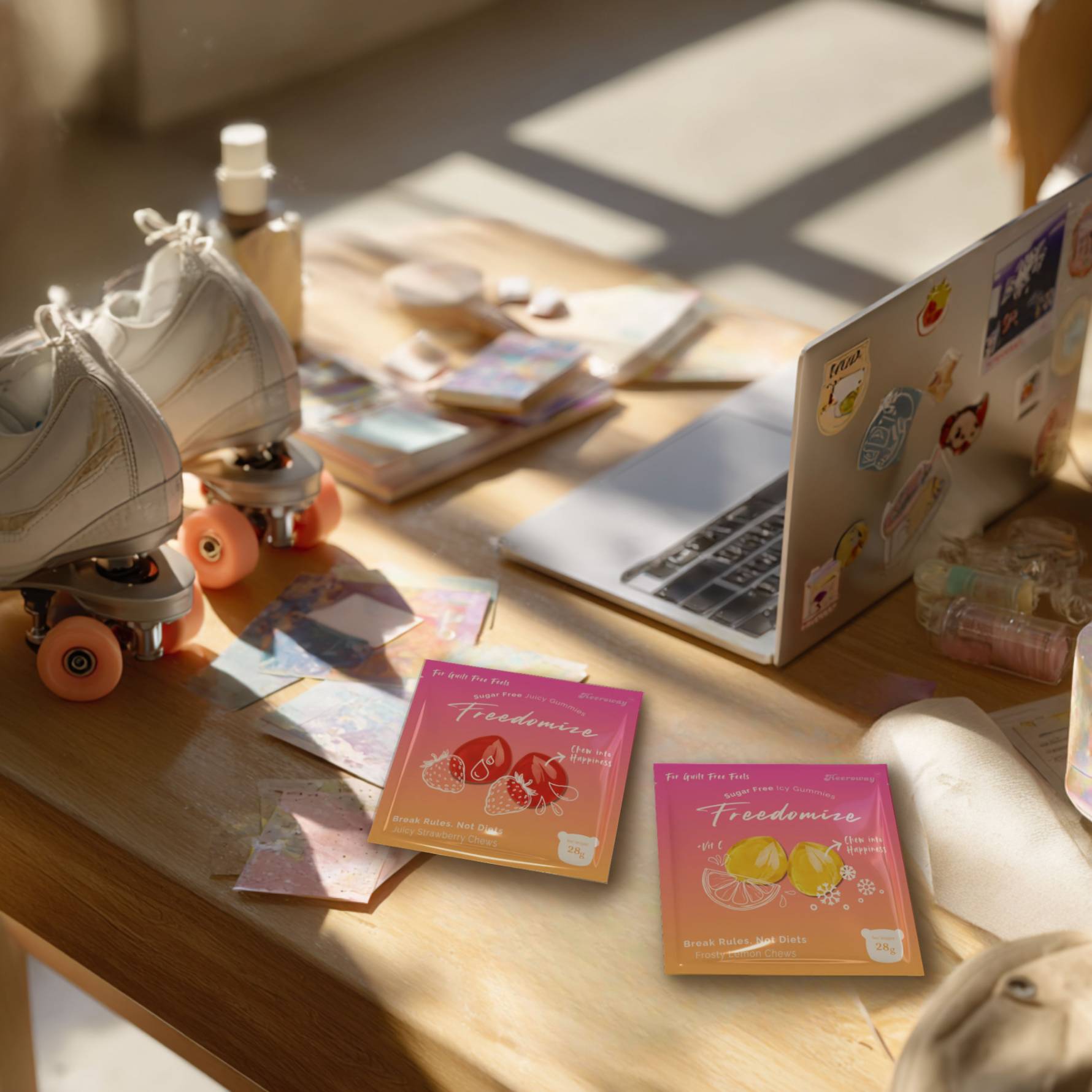 Freedomize sugar free strawberry bites and blueberry bites packaging placed on a creative desk with laptop, roller skates and stationery, lifestyle flat lay scene, perfect study bites.