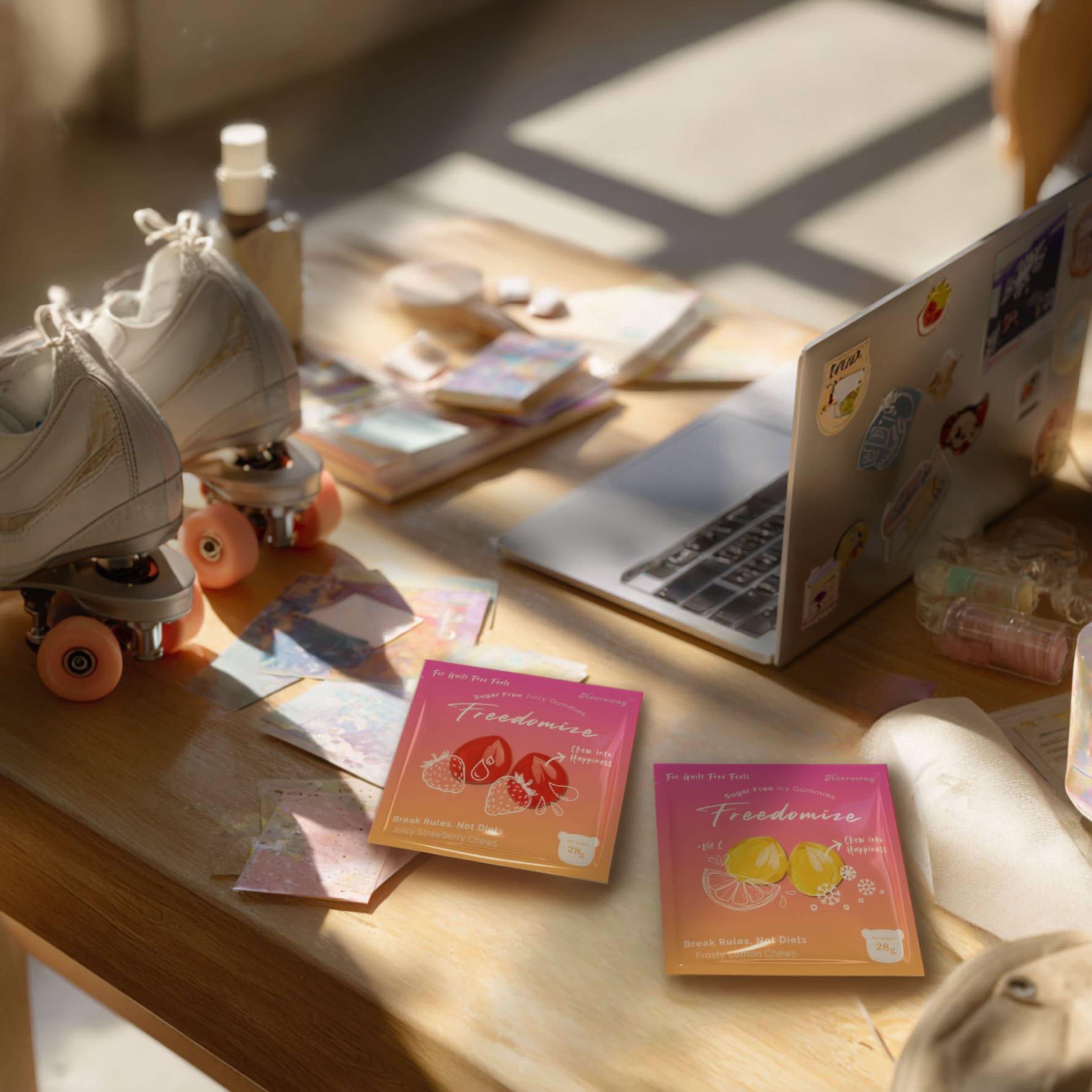 Freedomize sugar free icy gummies in strawberry and lemon flavors, product packaging on a creative desk with laptop, roller skates and stationery, lifestyle scene.