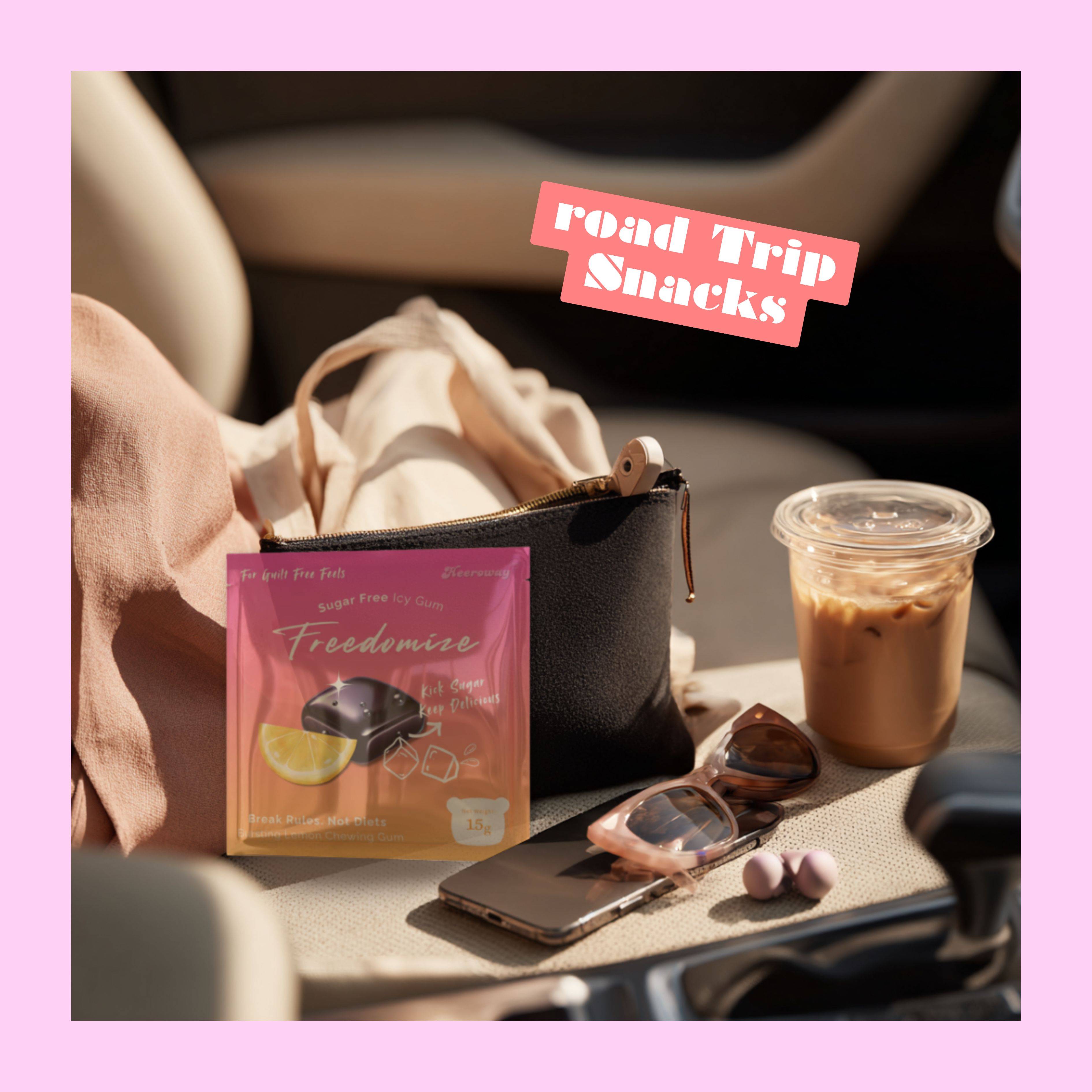 freedomize lemon sugar free icy gum packaging on car seat with iced coffee pouch sunglasses and road trip snacks text