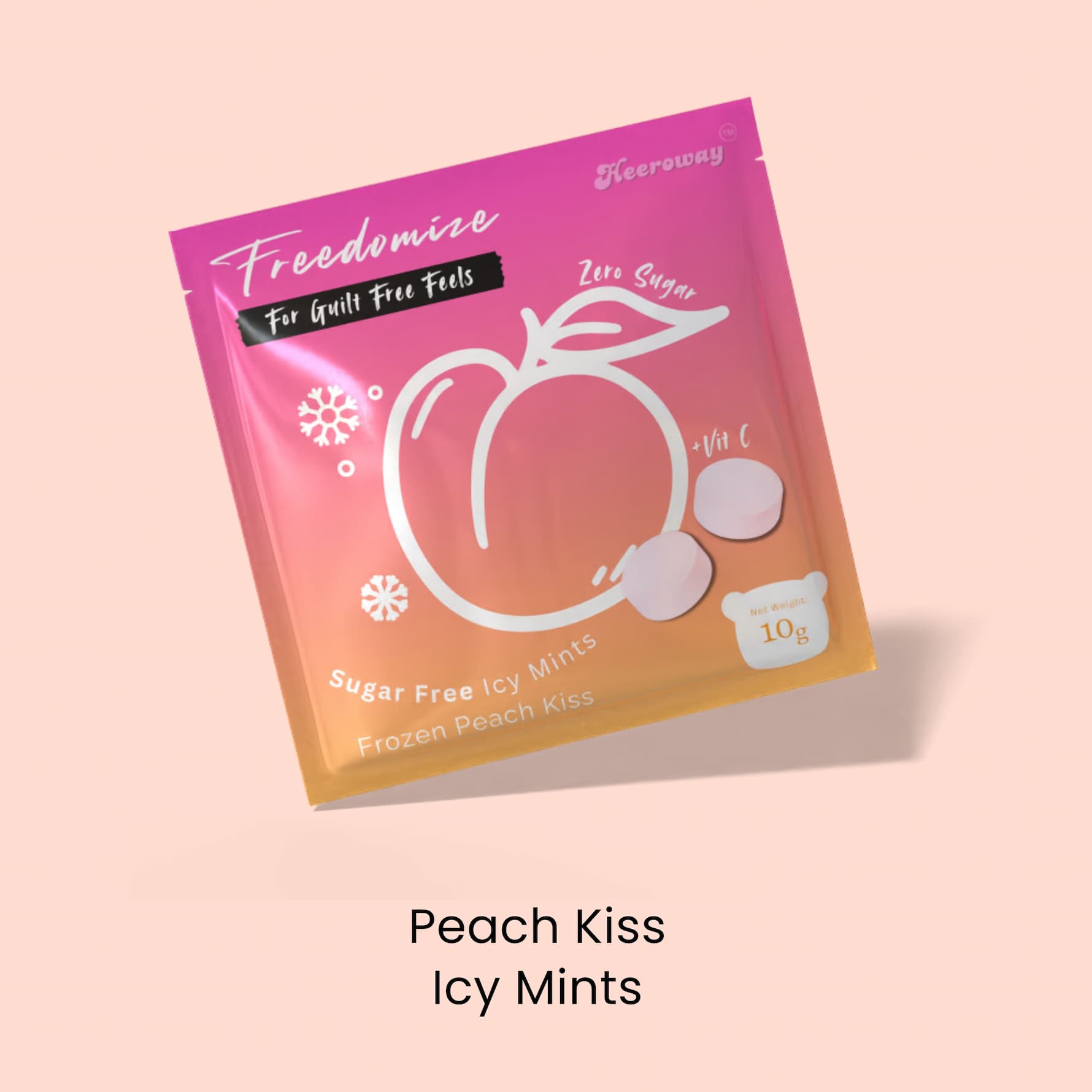 Freedomize Frozen Peach Kiss sugar free icy mints with fruity sweetness.