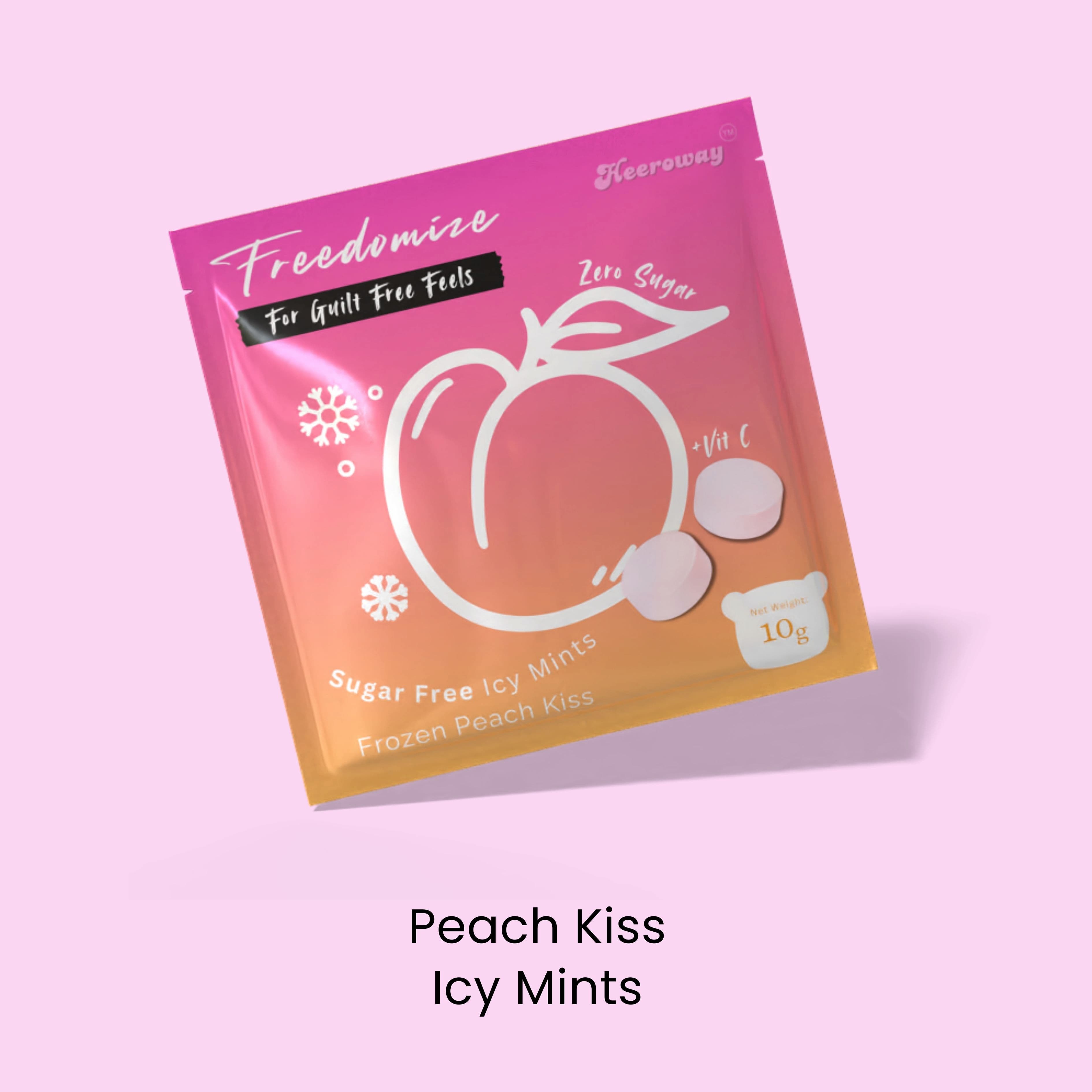 Freedomize Peach Kiss Sugar Free Icy Mints pouch with fruity peach flavor.