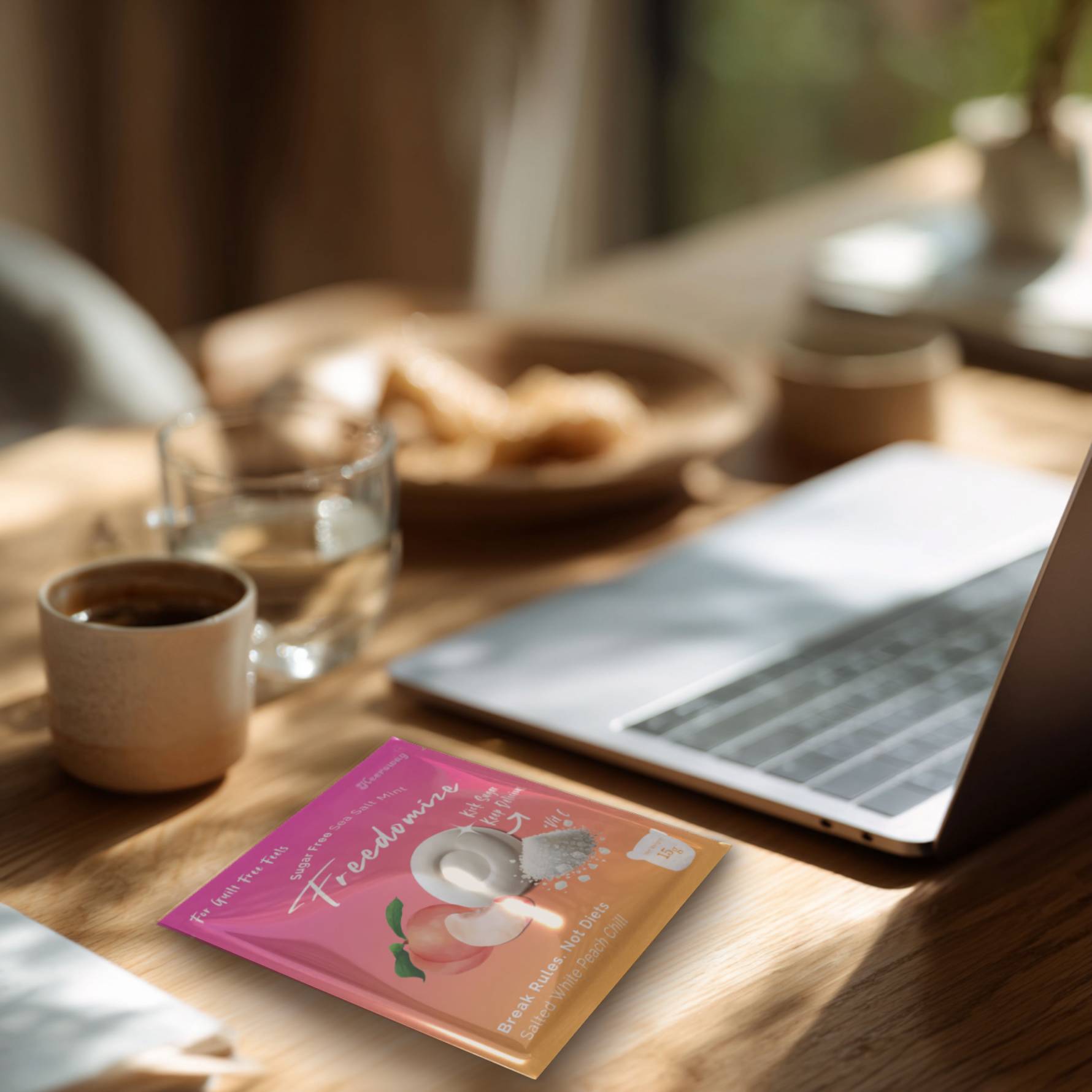 freedomize peach sea salt mint sugar free packaging on wooden desk with coffee glass water laptop and snacks in background