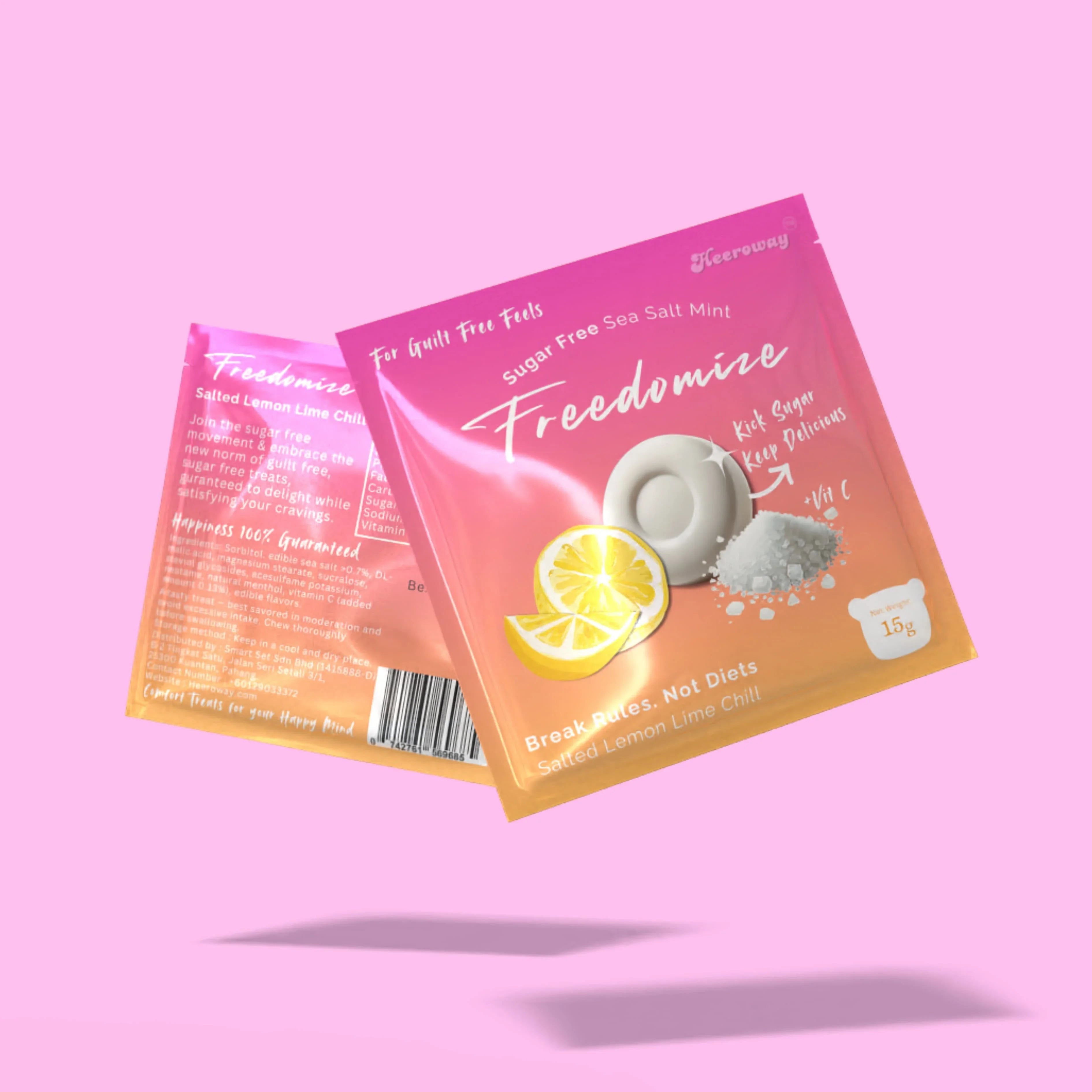 Freedomize sugar-free sea salt mint in Salted Lemon Lime Chill flavor, front and back packaging shown on a pink background.