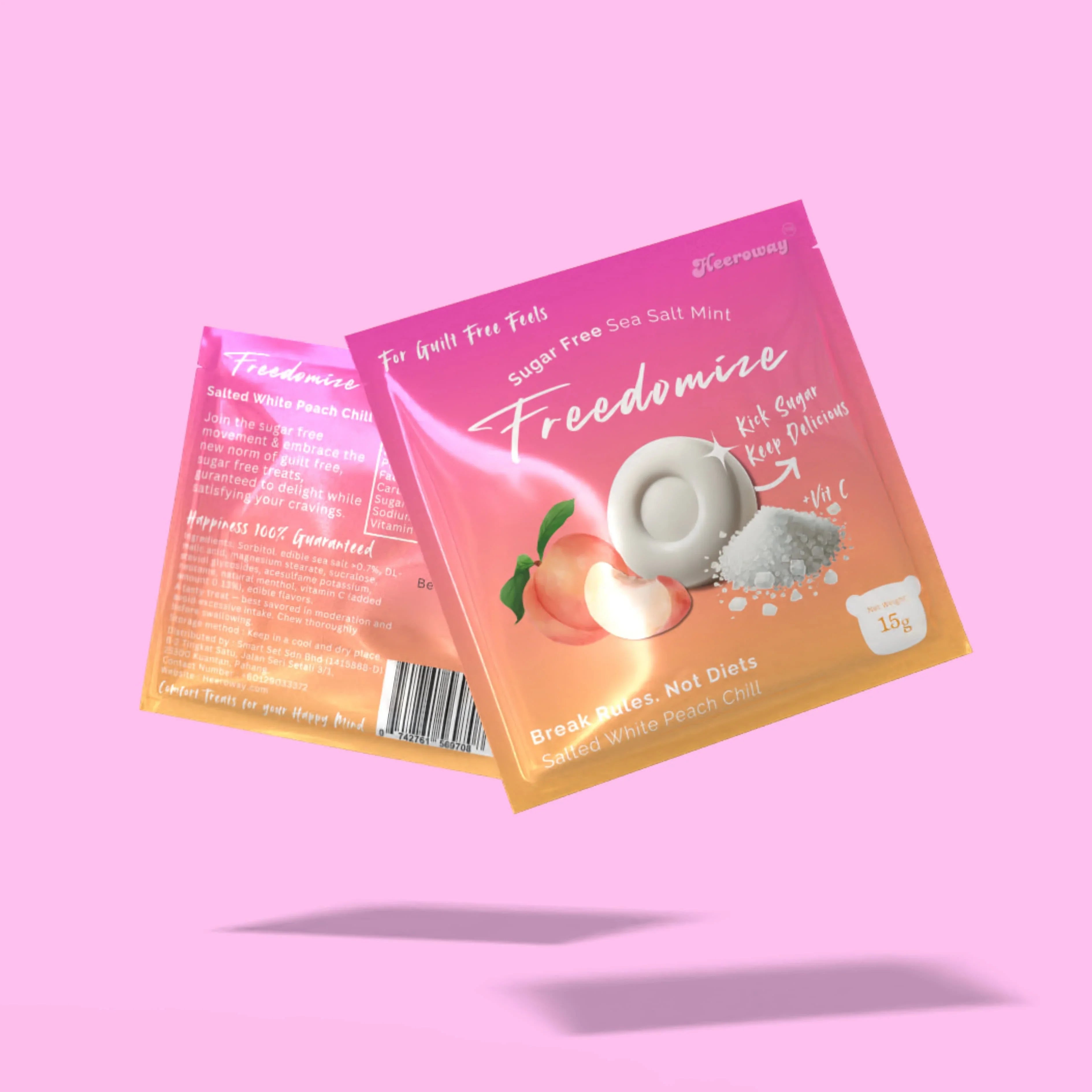 Freedomize sugar-free sea salt mint in Salted white  peach chill flavor, front and back packaging shown on a pink background.