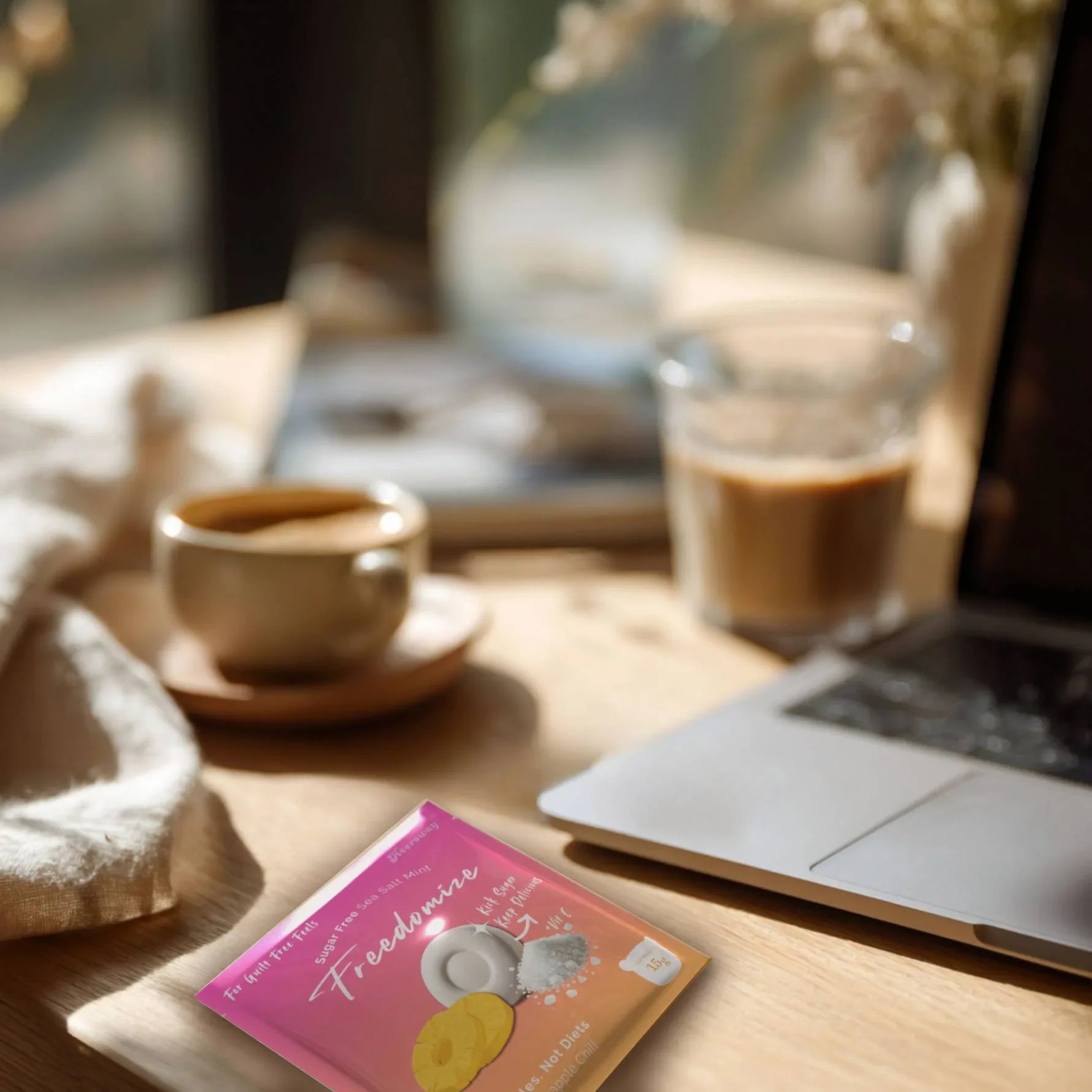 Freedomize Salted Pineapple Chill sugar-free sea salt mint pouch on a wooden desk beside a coffee cup and laptop, captured in natural light.