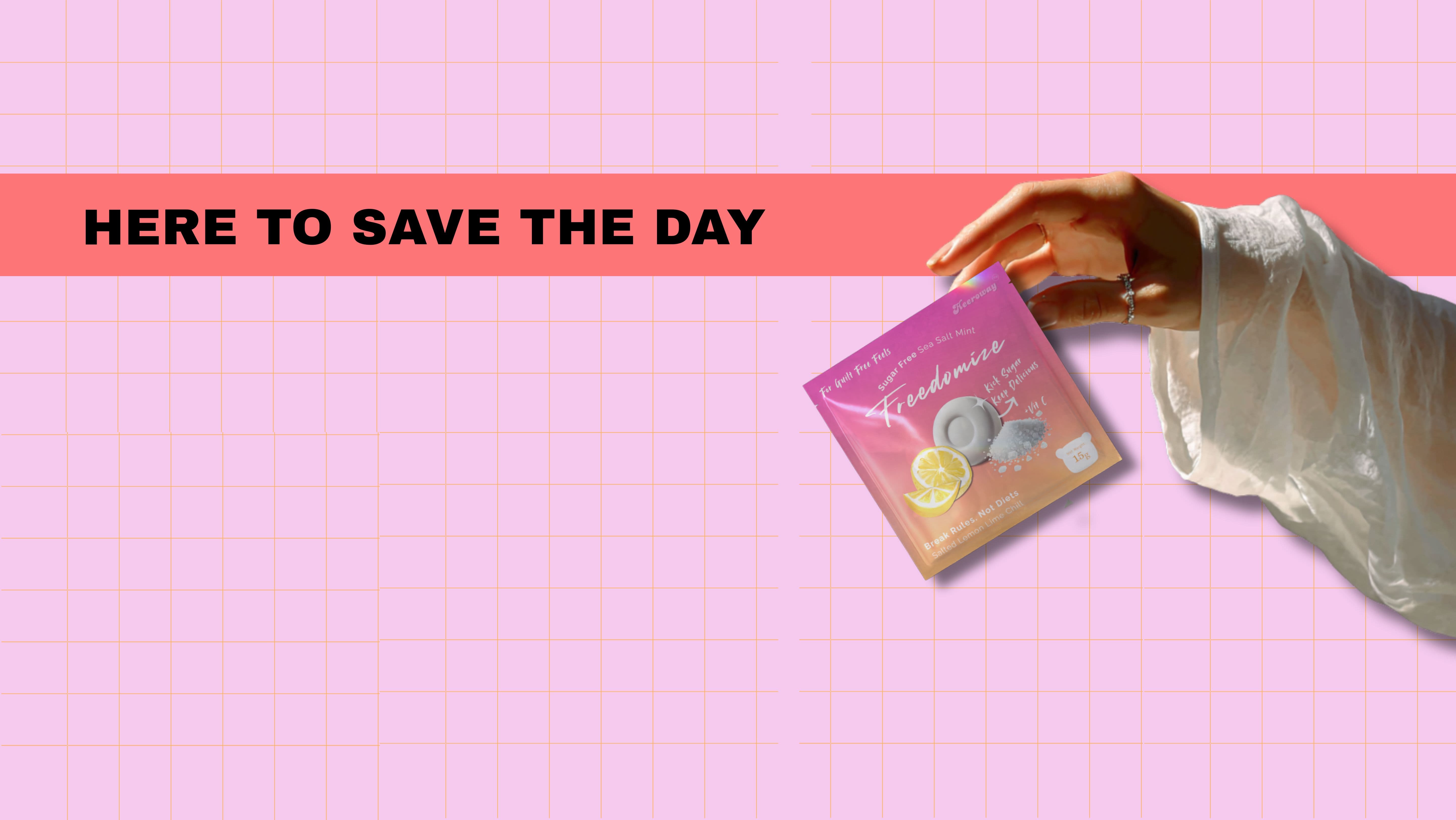 hand holding freedomize sea salt mint sugar free packaging with lemon and mint design on pink grid background and text here to save the day