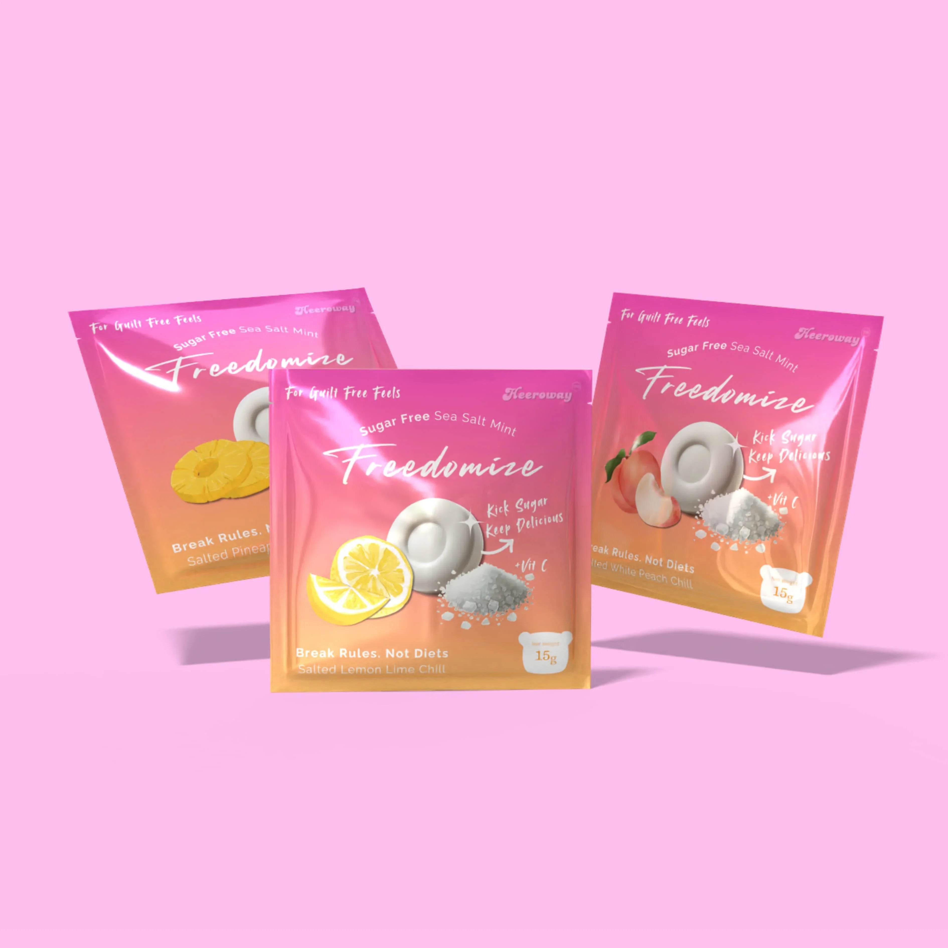 Freedomize sugar-free sea salt mint in variety flavor bundle ,front and back packaging shown on a pink background.