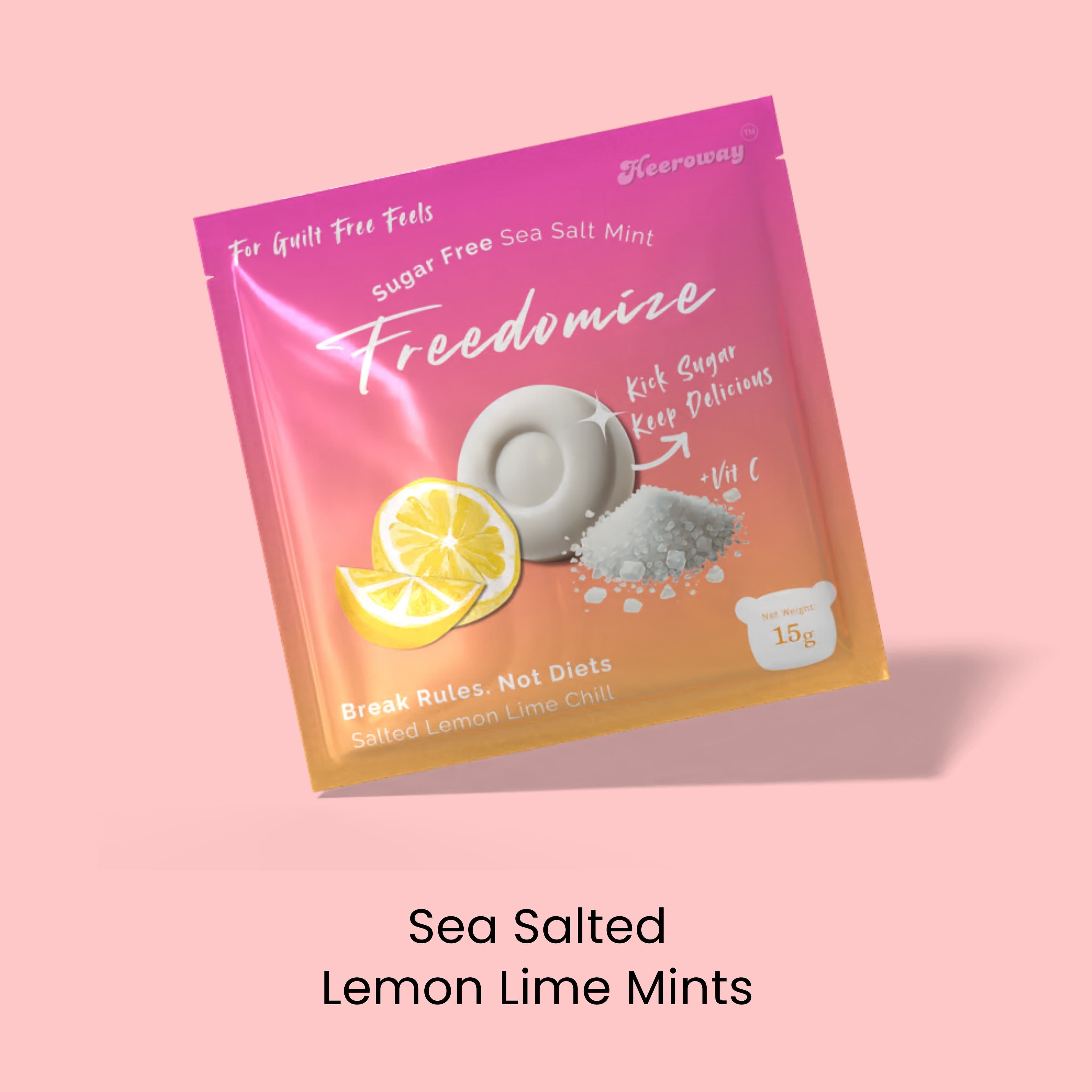 Freedomize sugar free sea salted lemon lime mints with chili flavor in 15g pouch.