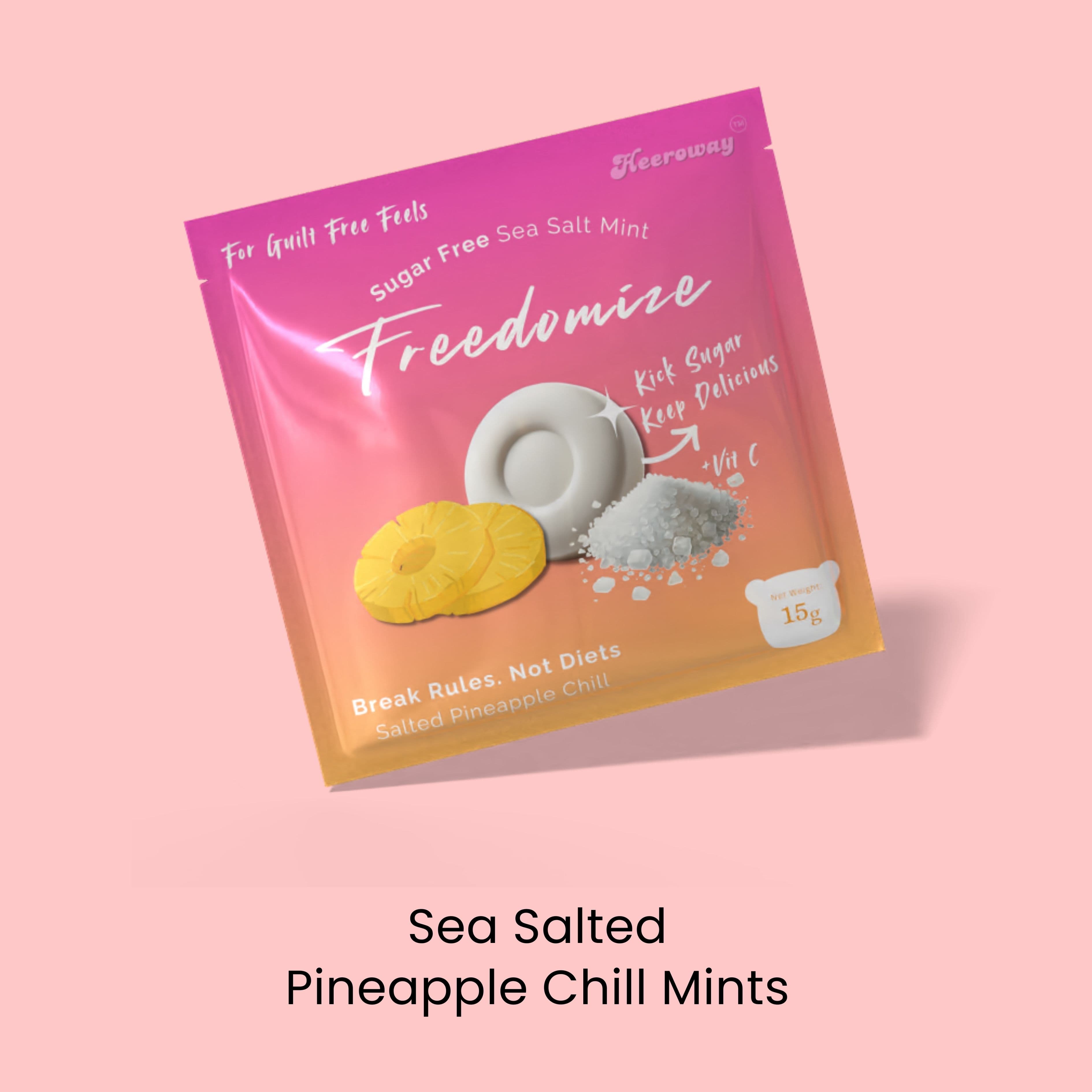 Freedomize sugar free sea salted pineapple chili mints in 15g pouch.