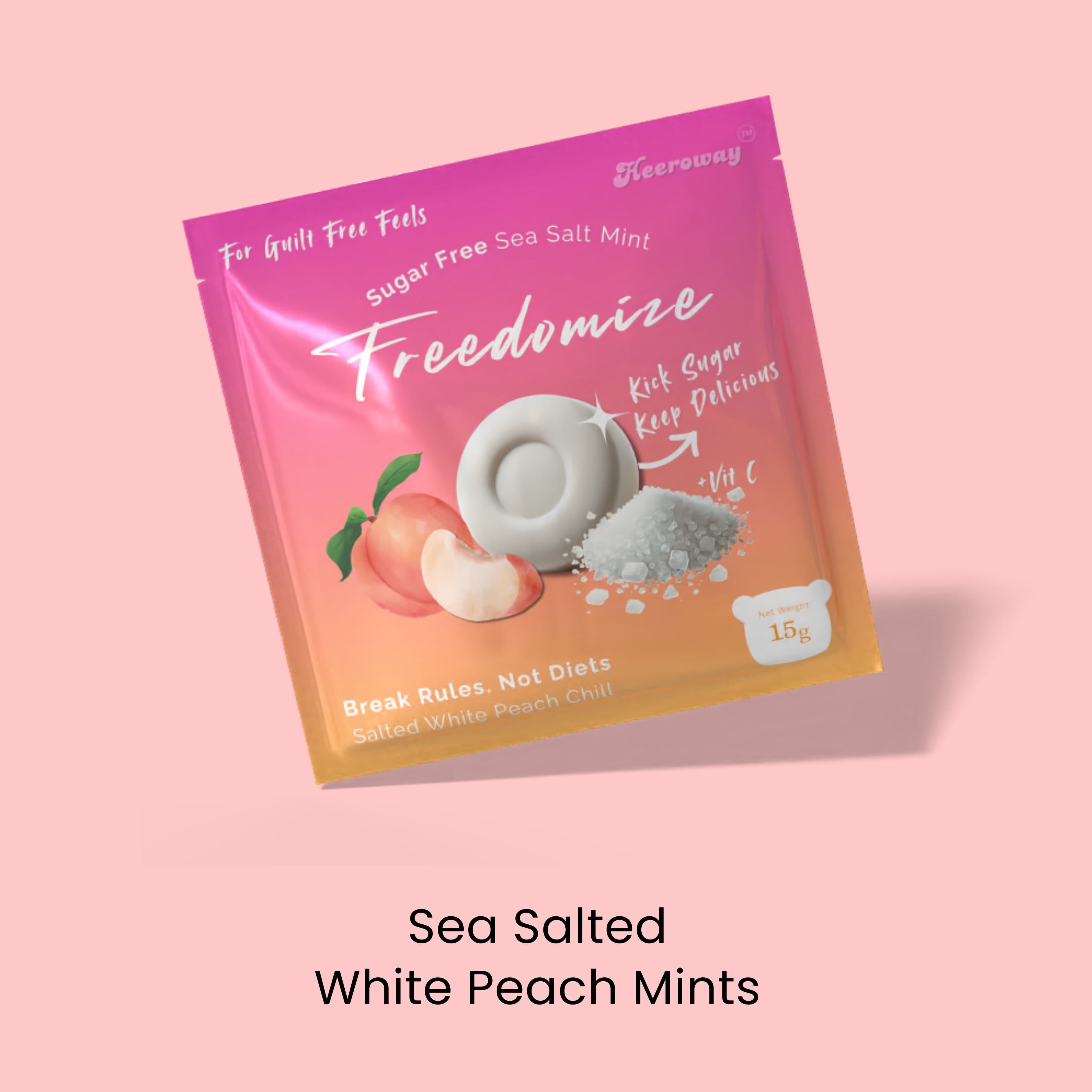 Freedomize sugar free sea salted white peach mints with chili flavor in 15g pouch.