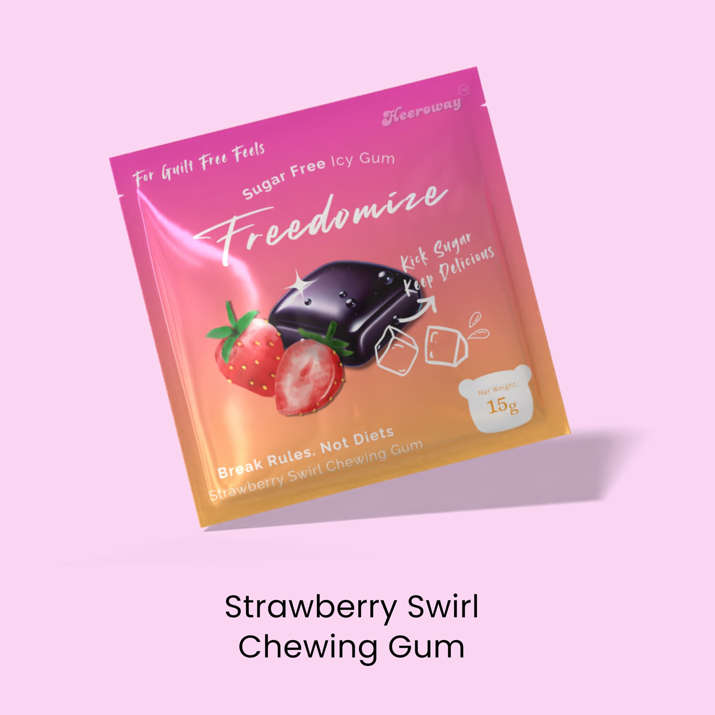 Freedomize Strawberry Swirl Sugar Free Chewing Gum – fruity icy gum with strawberry flavor, zero sugar, 15g pack.
