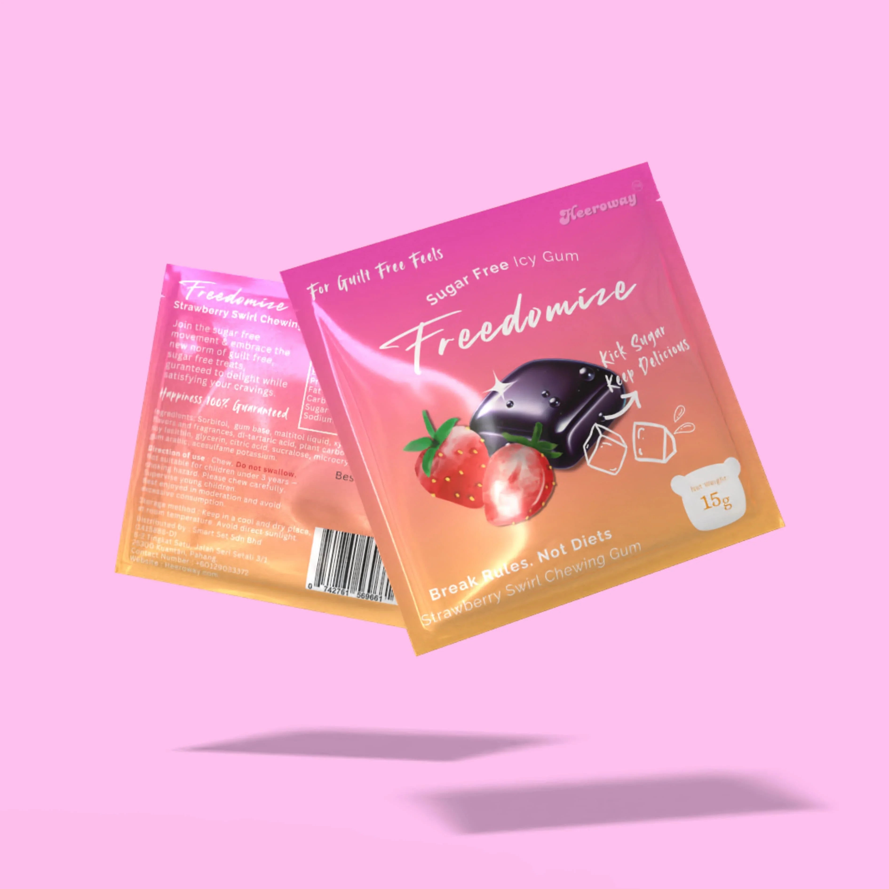 Floating Freedomize Strawberry Swirl Sugar Free Icy Gum pouches on a pink background showing both front and back packaging.