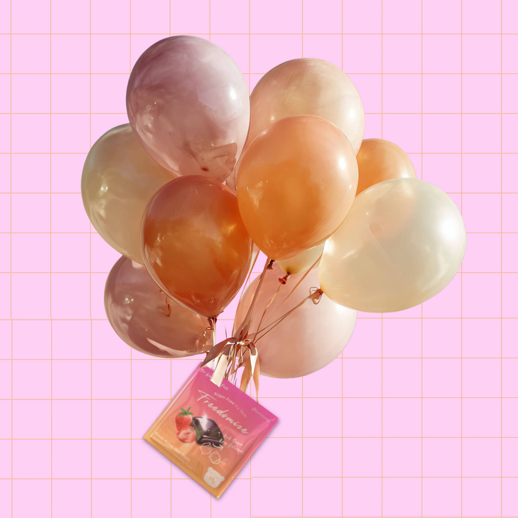 freedomize strawberry swirl sugar free icy gum packaging attached to pastel balloons on pink grid background