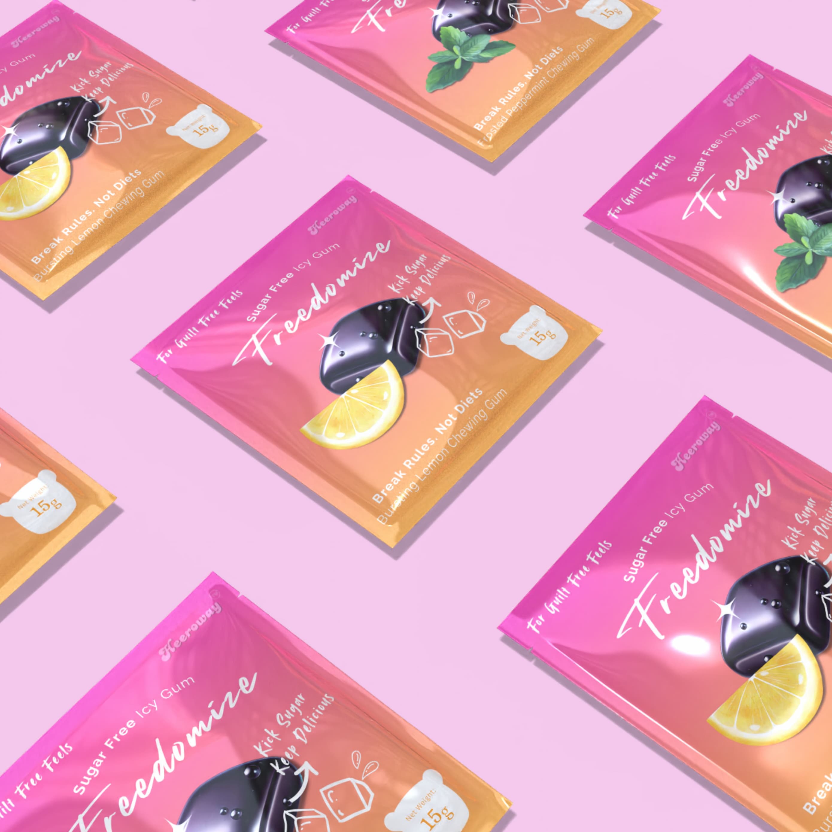 Flat lay pattern of Freedomize sugar free icy gum packaging with lemon and mint design on a pink background.