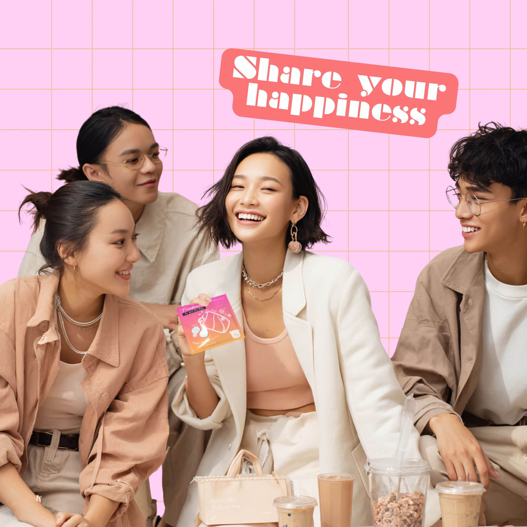 group of friends smiling with woman holding freedomize sugar free icy mints packaging against pink grid background with share your happiness text