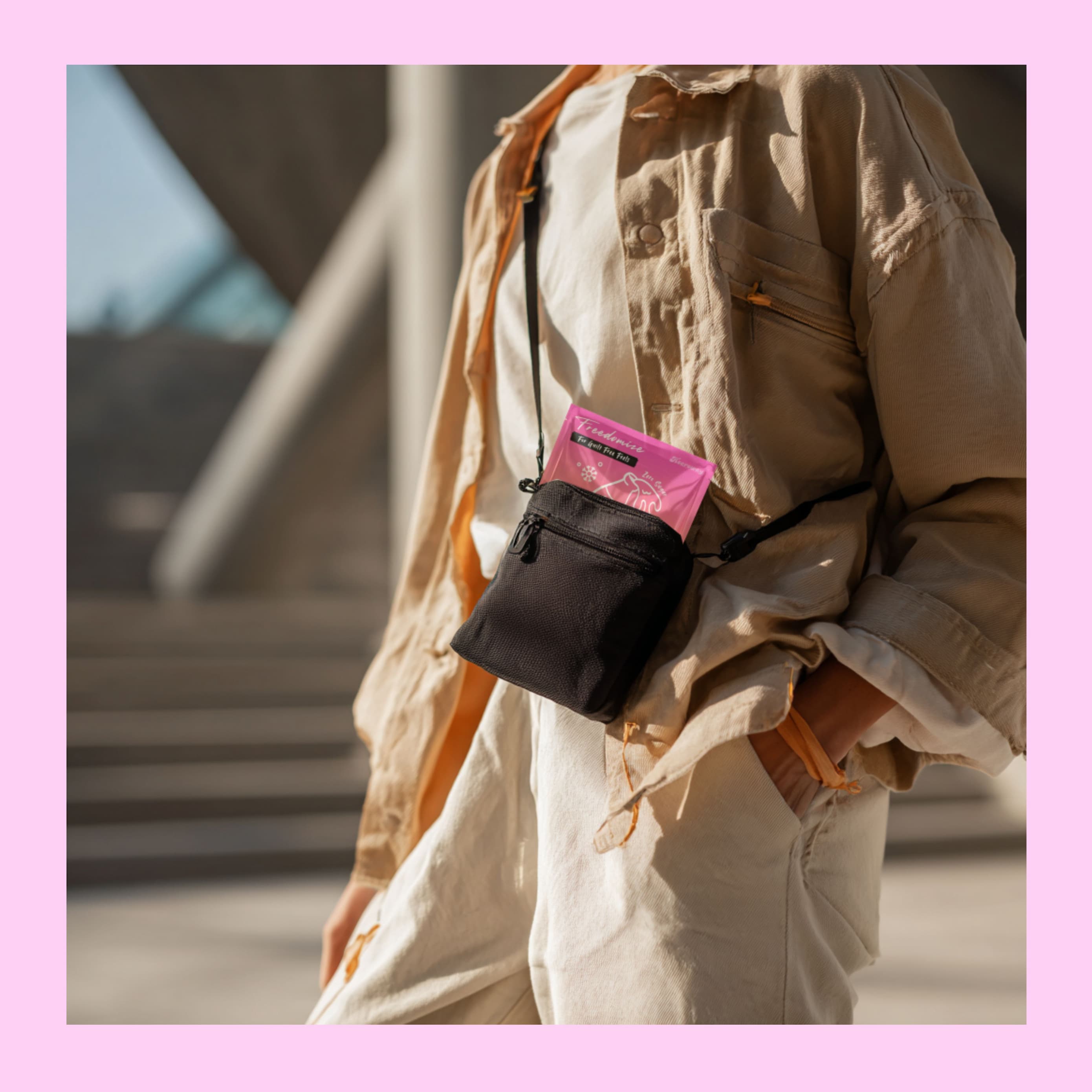 person wearing beige outfit carrying sugar free icy mints packaging peeking outblack crossbody bag with freedomize