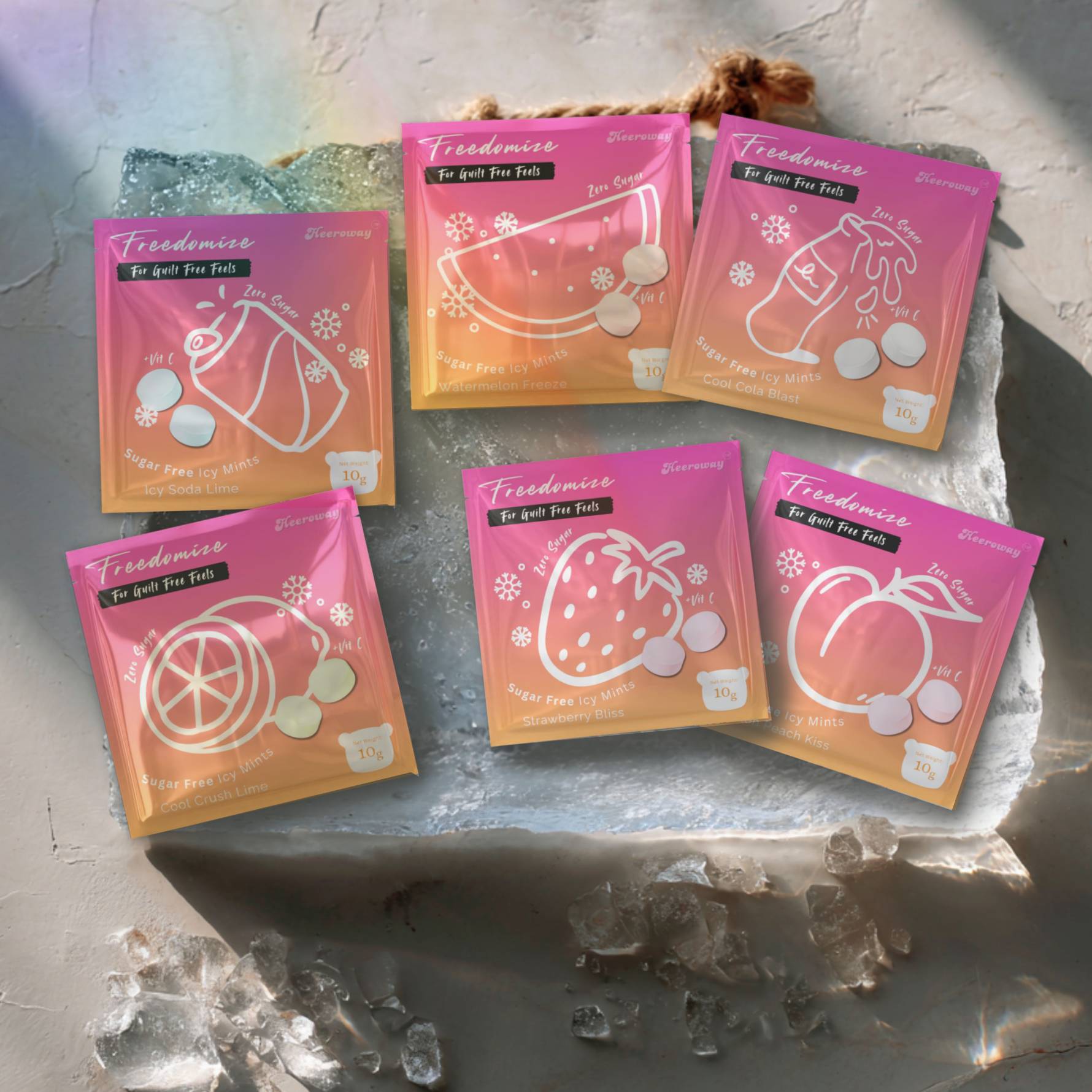Freedomize sugar free icy mints variety pack with flavors including soda lime, watermelon freeze, cool cola blast, orange crush, strawberry bliss, and peach kiss.