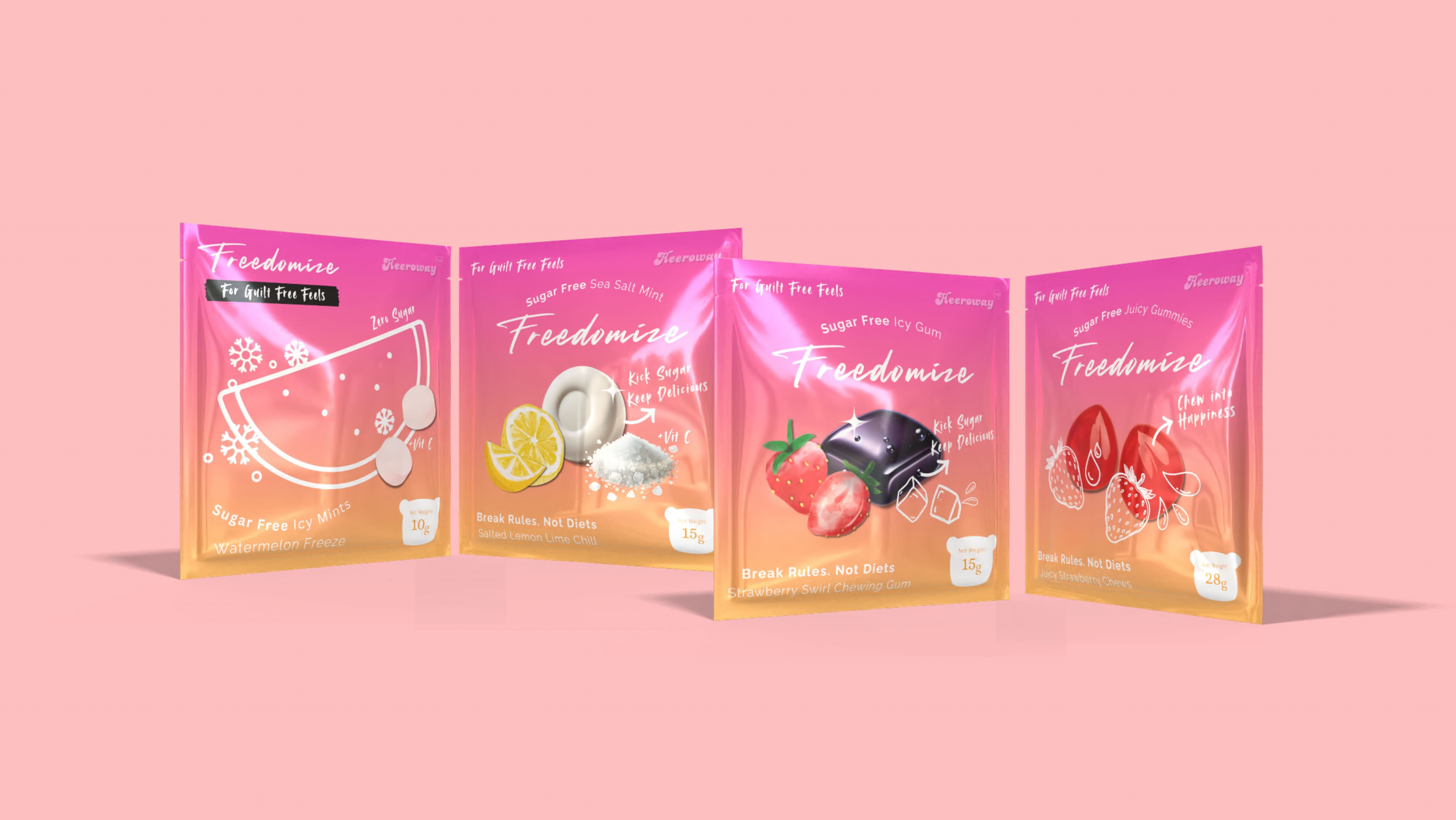 Freedomize sugar free snacks with assorted pouches of icy mints, sea salt mint, strawberry swirl gum, and juicy strawberry gummies on a pink background