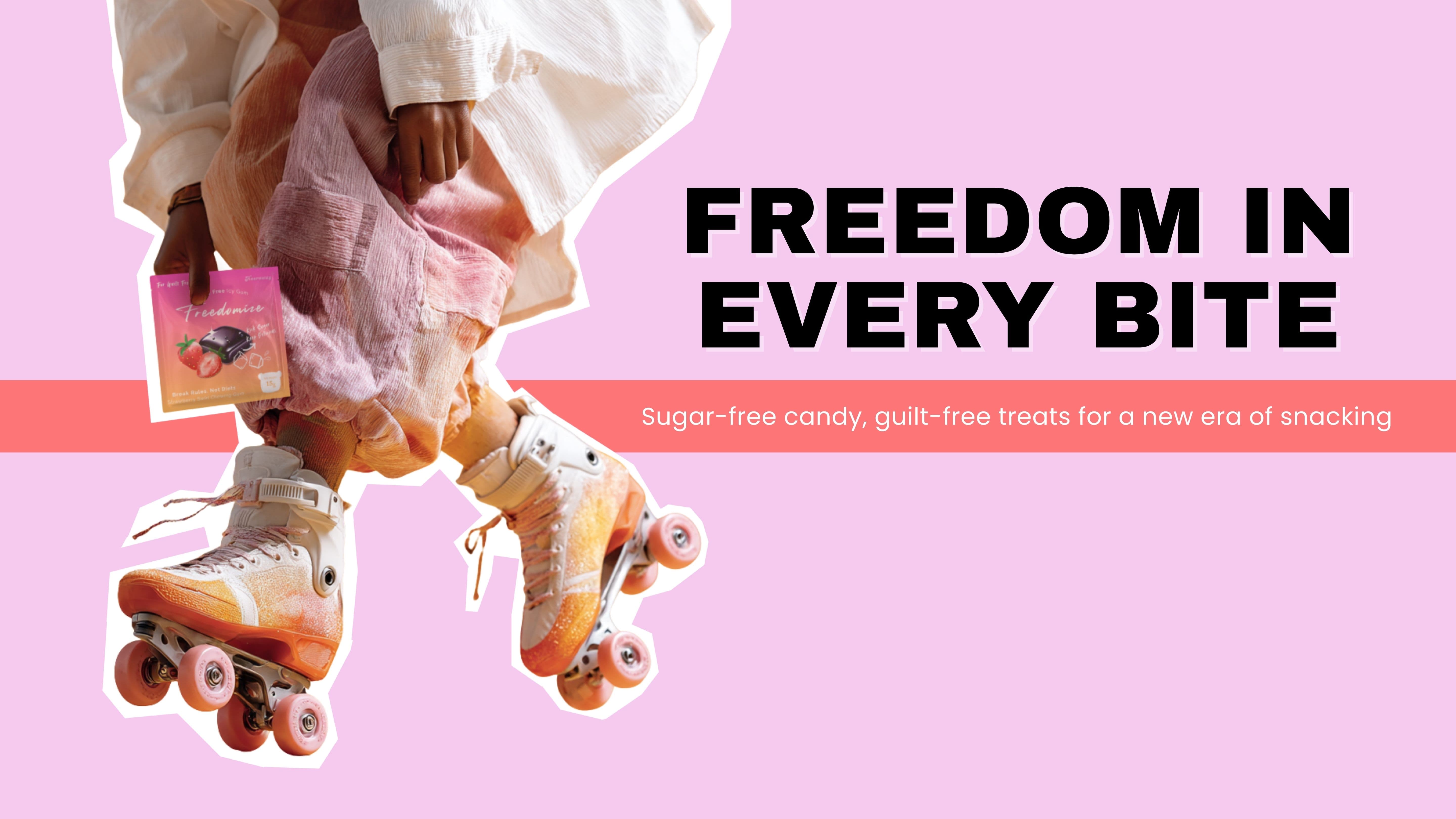 Roller skater holding Freedomize sugar-free strawberry mint pack with slogan Freedom in Every Bite on pink banner for desktop mode.