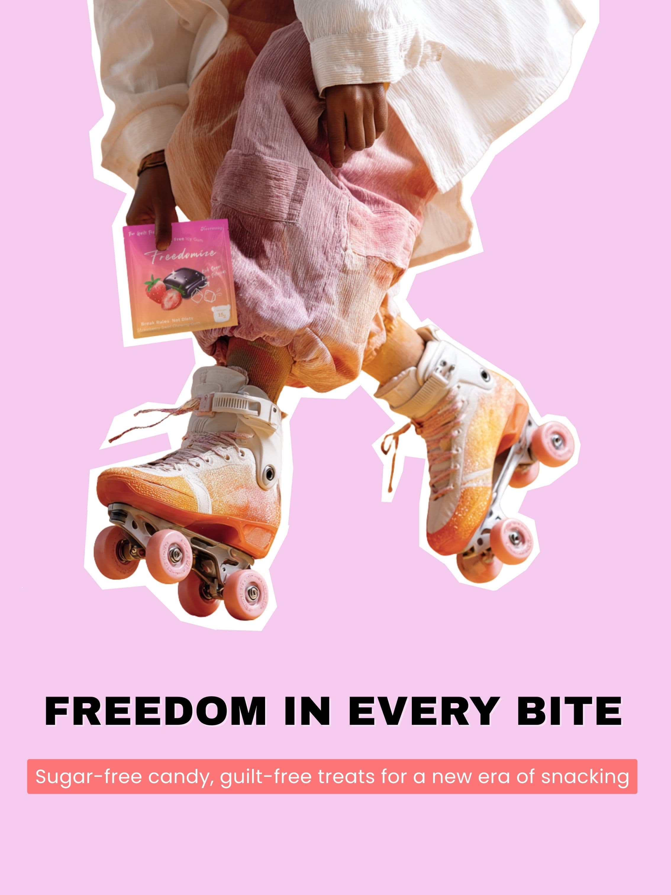 Roller skater holding Freedomize sugar-free strawberry mint pack with slogan Freedom in Every Bite on pink banner for mobile mode.