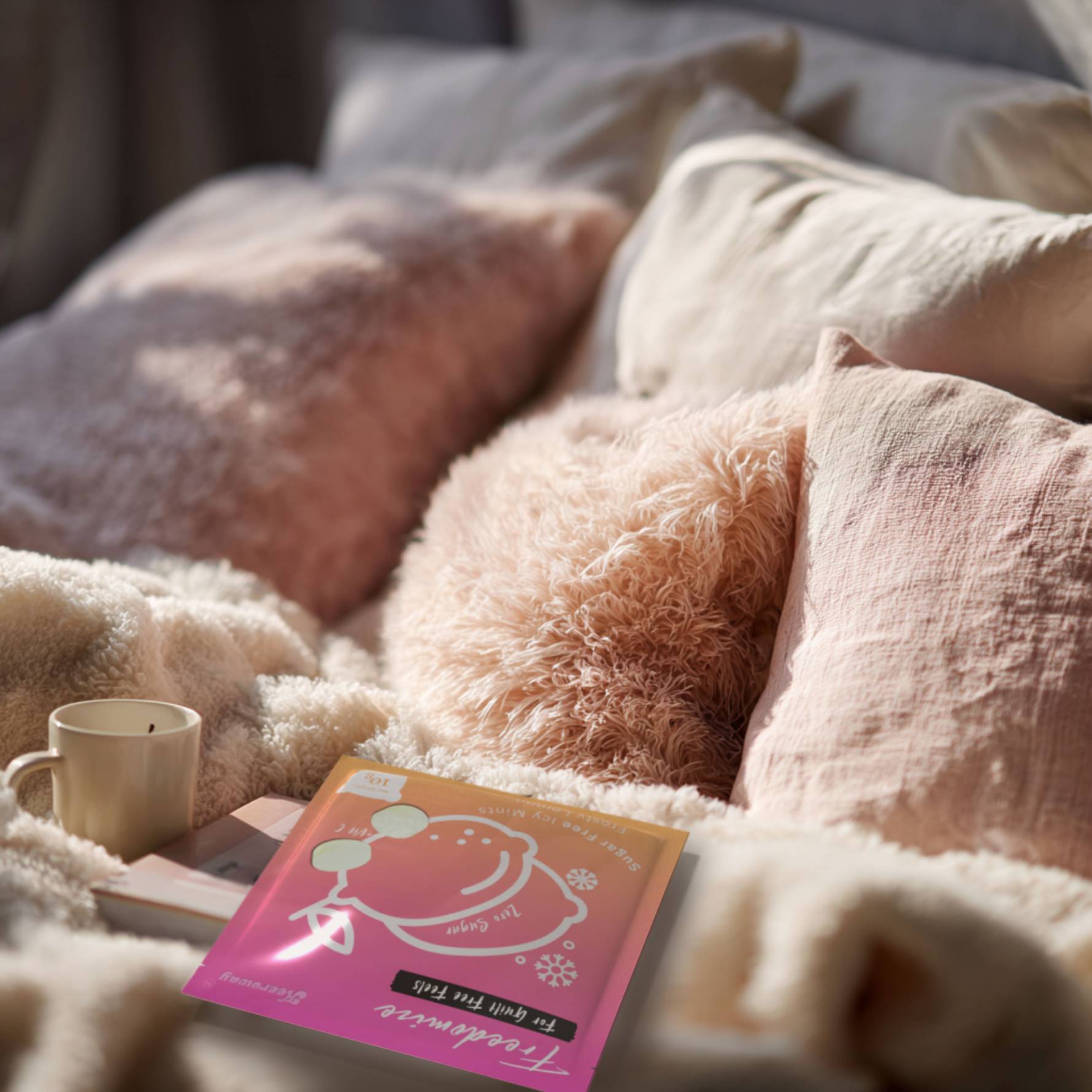 Freedomize Watermelon Freeze sugar free icy mints on a cozy bed with pink pillows, perfect for late night cravings without guilt, and nighttime snacks.